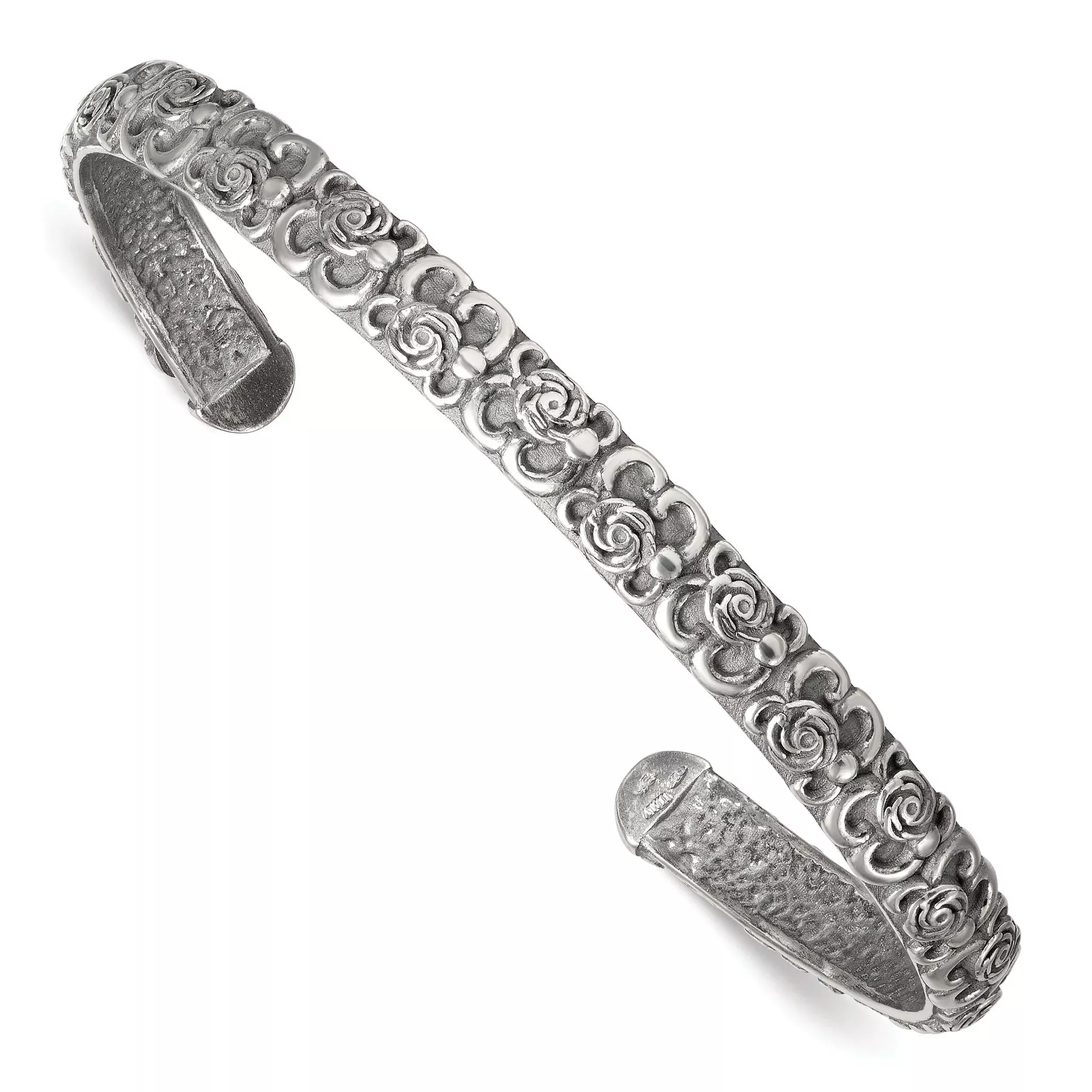 Sterling Silver Antiqued Floral 6.5mm Cuff Bangle Bracelet