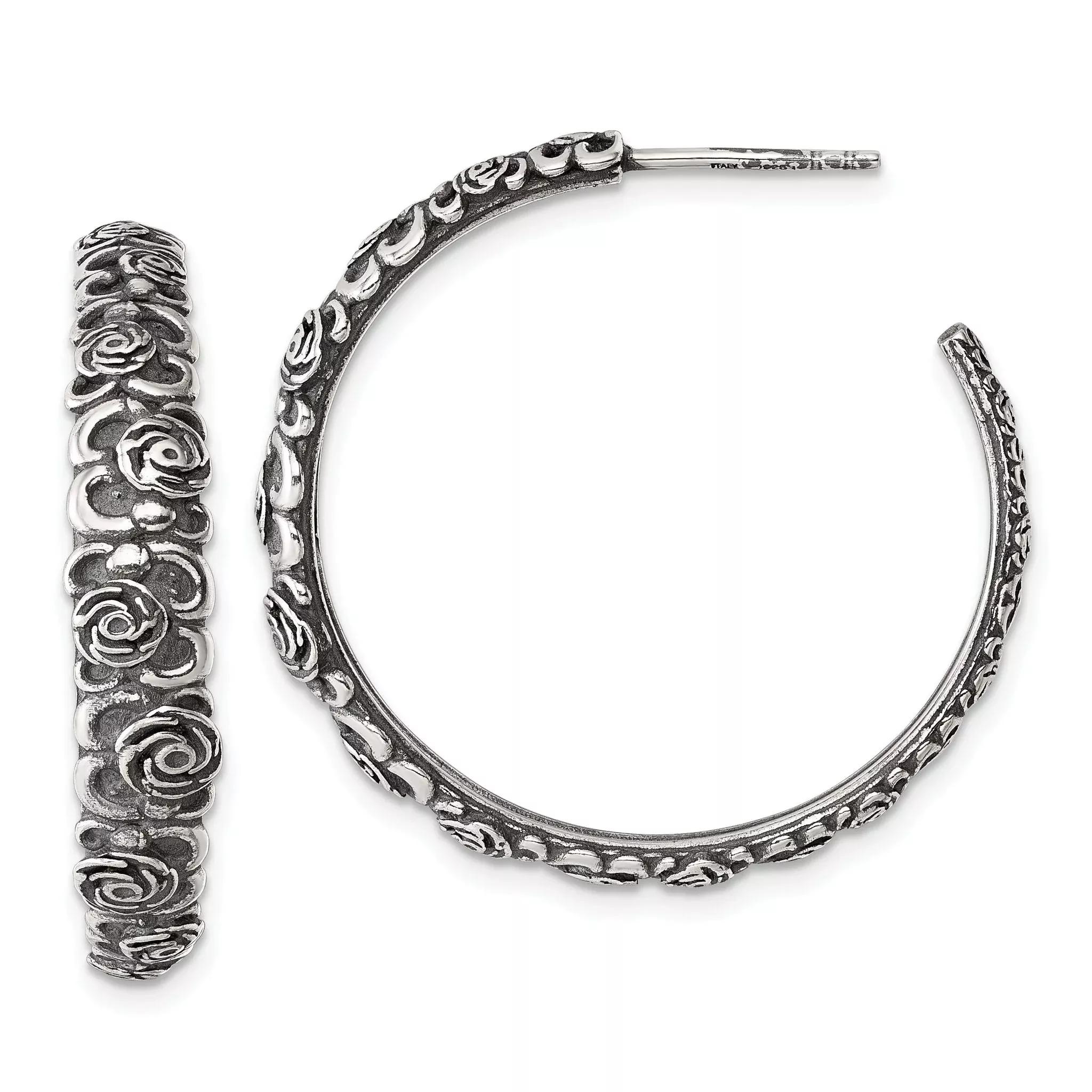 Sterling Silver Antiqued Graduated Floral 5.75 x 32mm C-Hoop Post Earrings