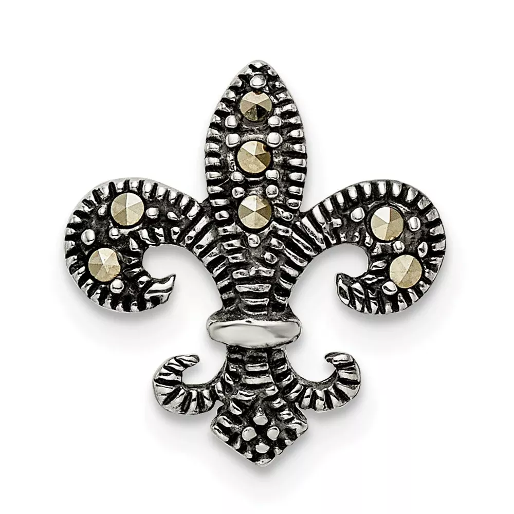 Sterling Silver Antiqued Marcasite Fleur De Lis Chain Slide