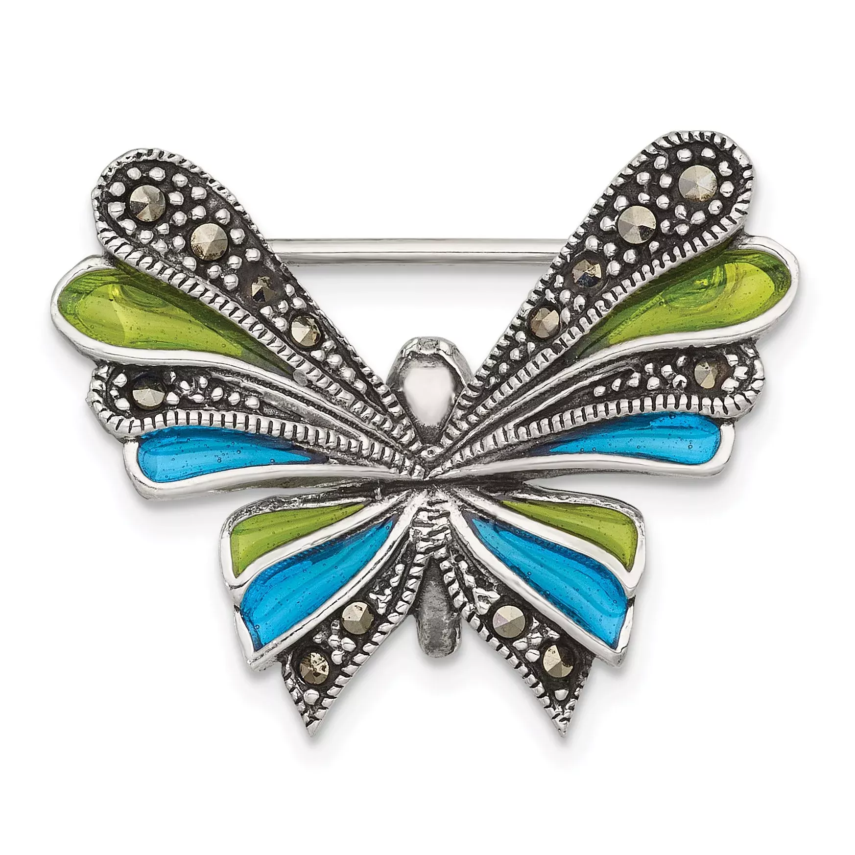 Sterling Silver Antiqued Marcasite with Green and Blue Epoxy Butterfly Pin