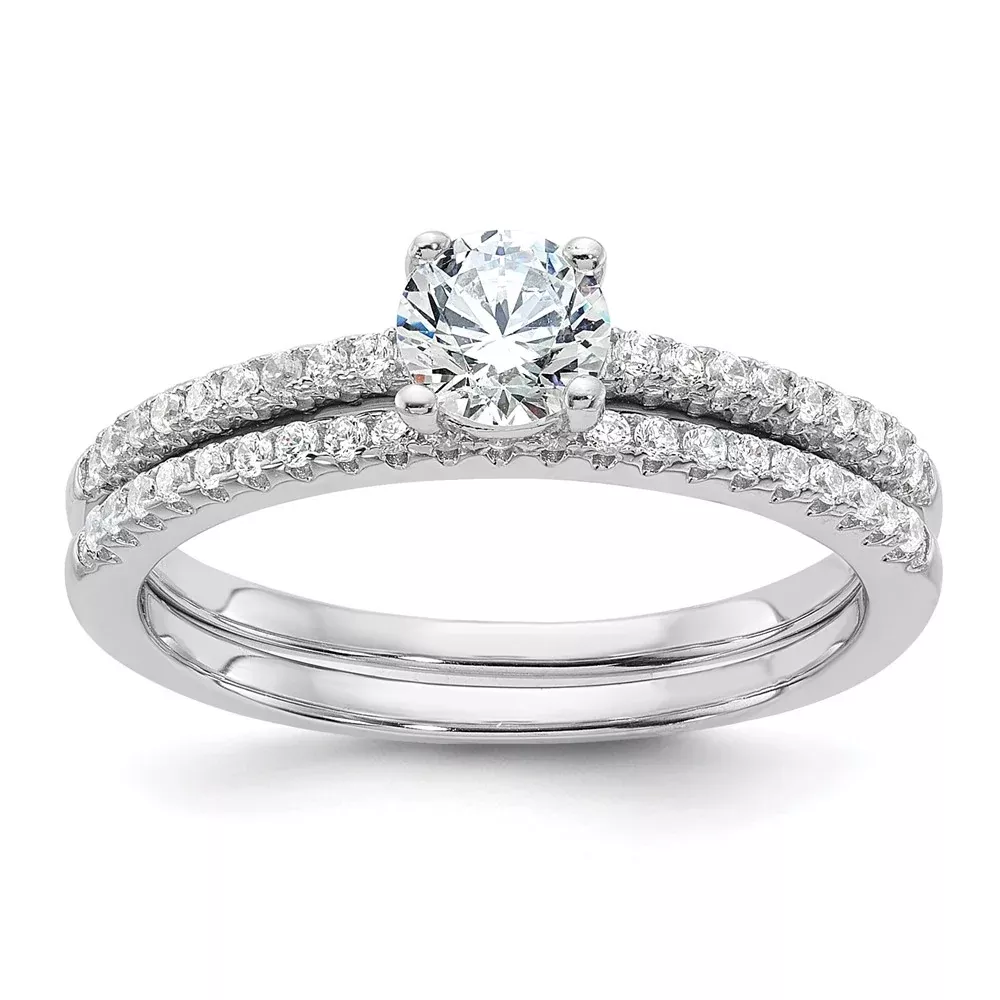 Sterling Silver Brilliant Embers Rhodium-Plated 40 Stone Micro Pav Cz 2 Piece Wedding Ring Set