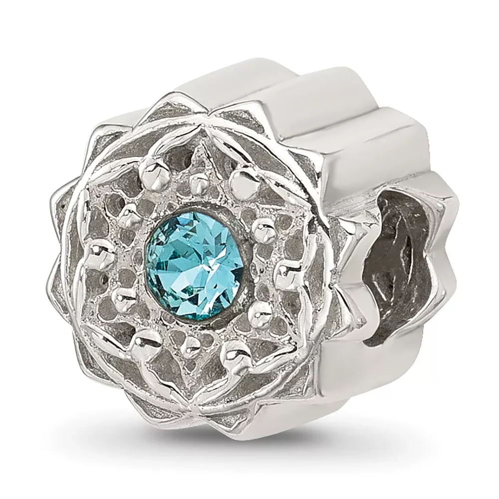 Sterling Silver Brushed And Polished Blue Crystal Bead