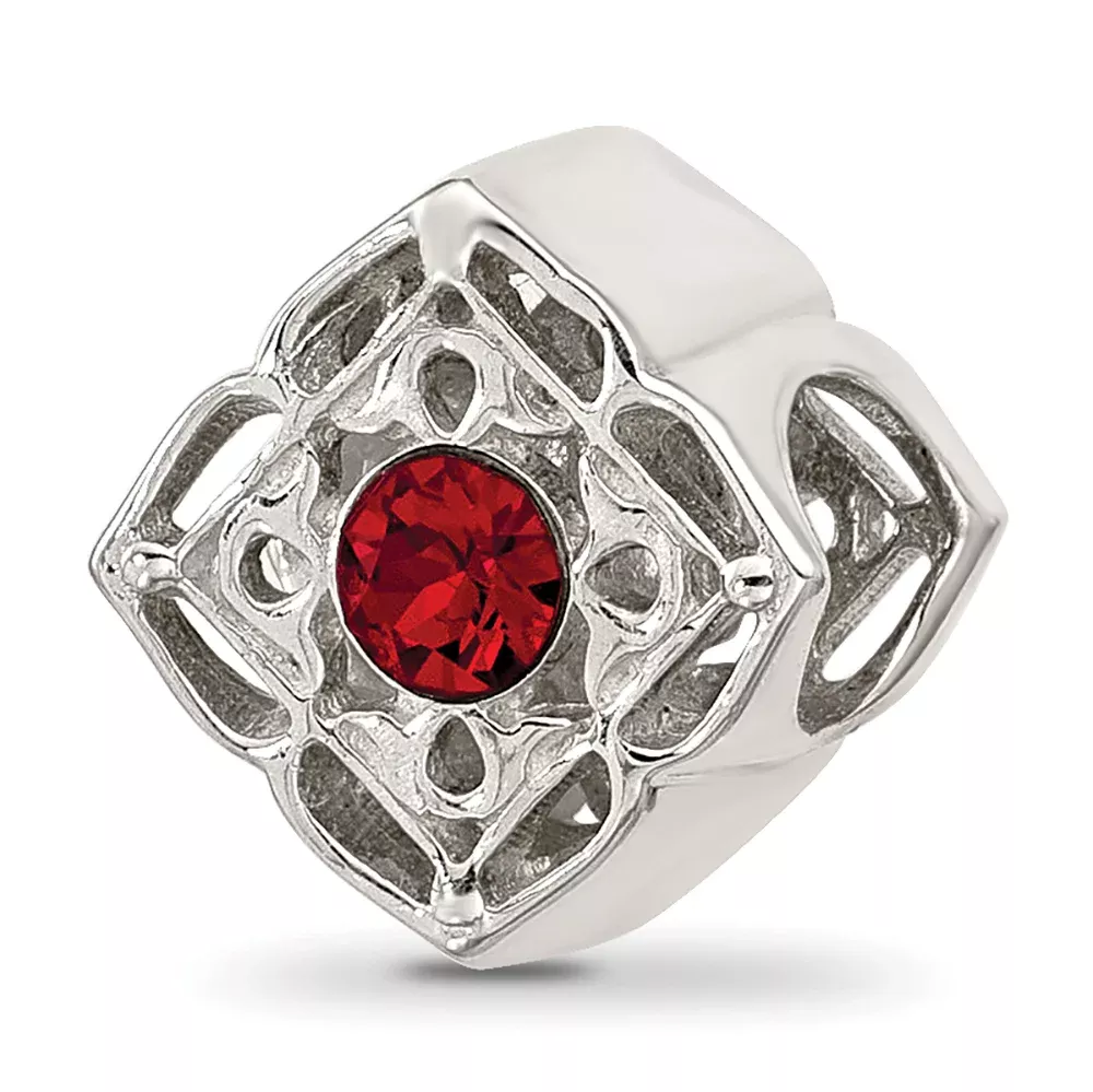 Sterling Silver Brushed And Polished Red Crystal Bead