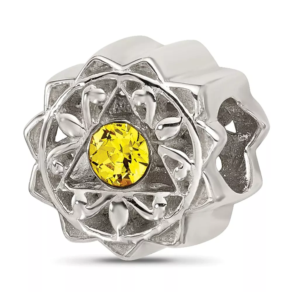 Sterling Silver Brushed And Polished Yellow Crystal Bead