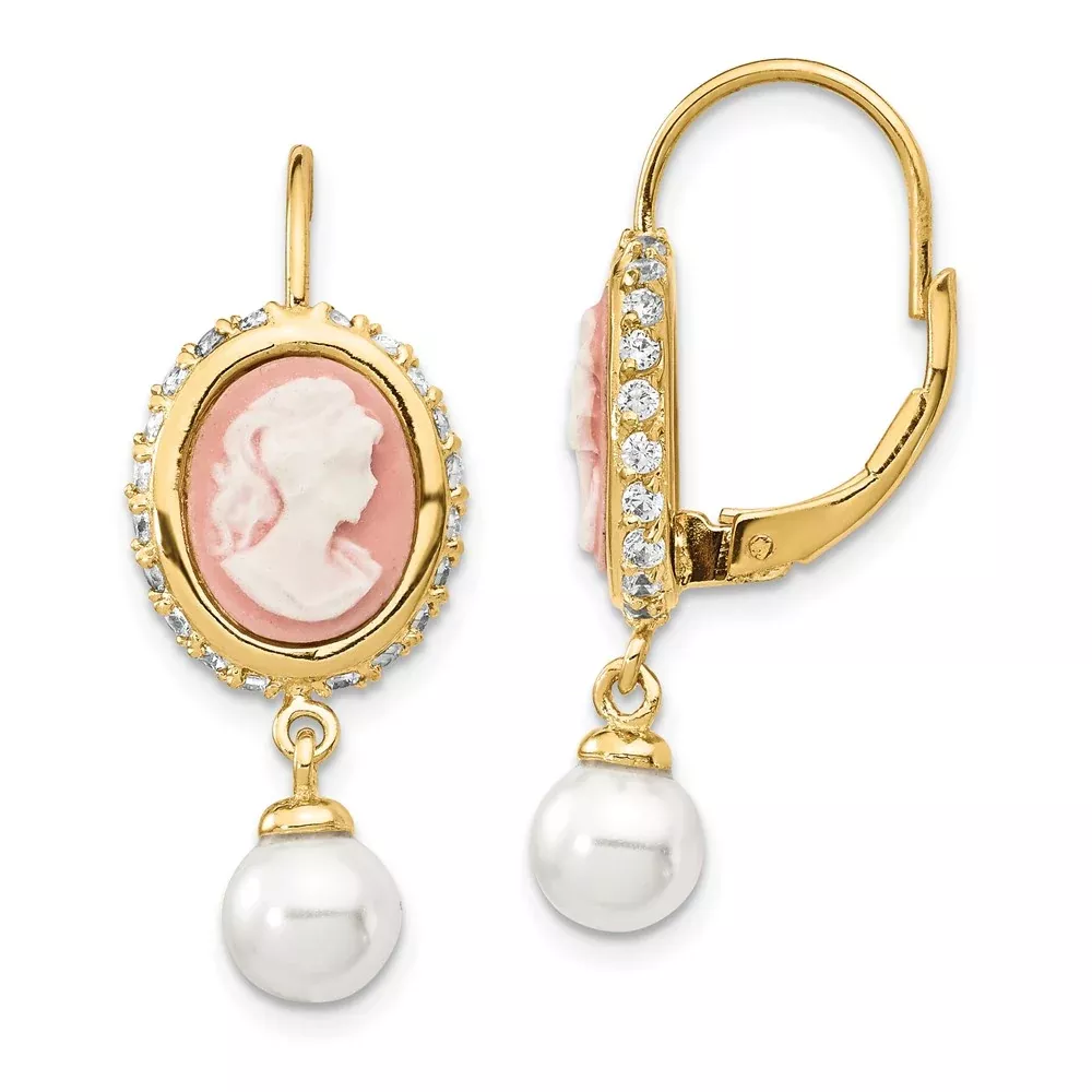 Sterling Silver Cheryl M Gold-Plated Glass Pearl Brilliant-Cut Cz & Resin Cameo Leverback Dangle Earrings