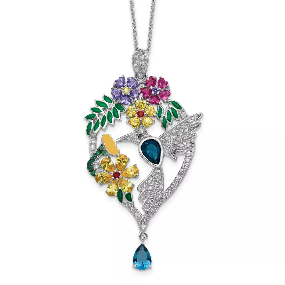 Sterling Silver Cheryl M Rhodium-Plated Enameled Multicolor Brilliant-Cut Glass And Cz Floral Hummingbird 18 Inch Necklace