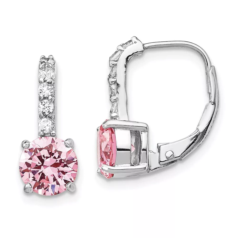 Sterling Silver Cheryl M Rhodium-Plated Pink And White Brilliant-Cut Cz Leverback Earrings