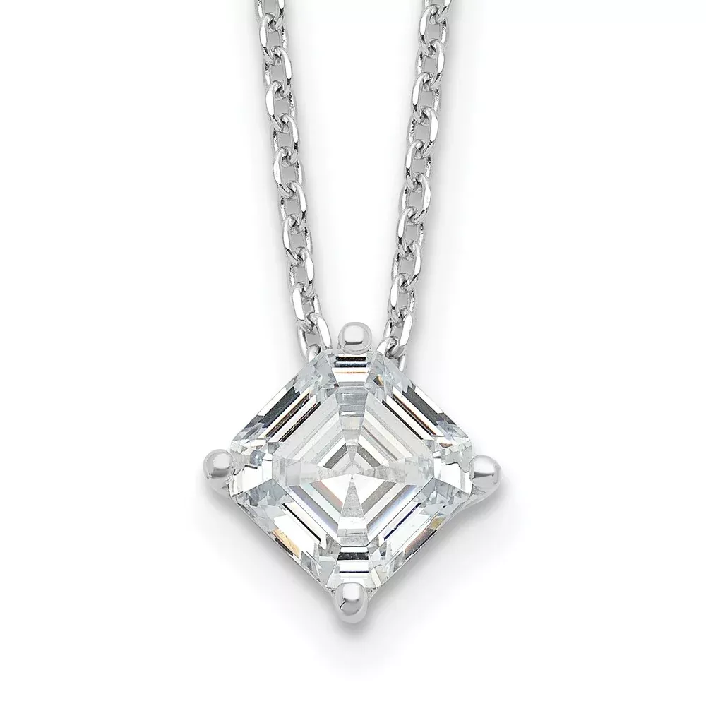 Sterling Silver Cheryl M Rhodium-Plated Square Step-Cut Cz 16 Inch Necklace With 2 Extender