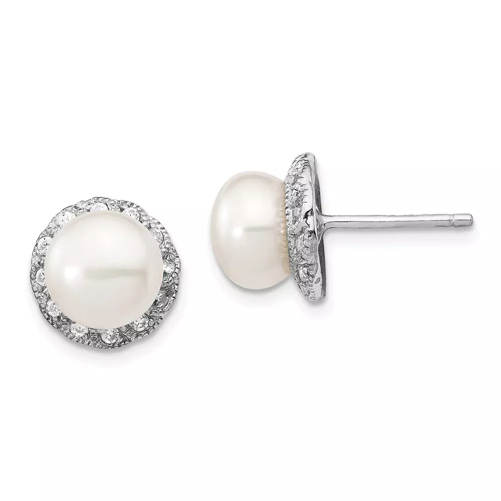 Sterling Silver Cheryl M Rhodium-Plated White Freshwater Cultured Pearl And Brilliant-Cut Cz Post Earrings