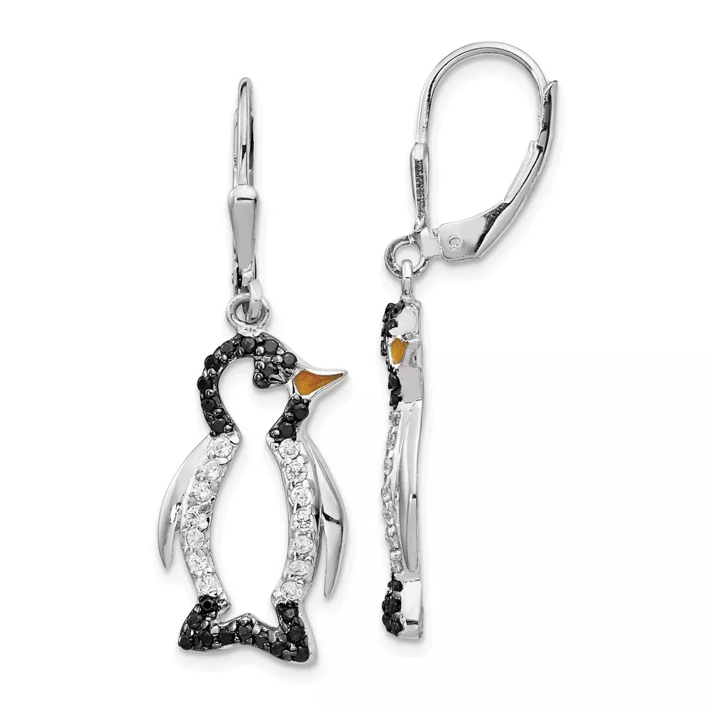 Sterling Silver Cheryl M Rhodium-Plated With Black Rhodium Accent Enameled Brilliant-Cut And White Cz Penguin Leverback Dangle Earrings