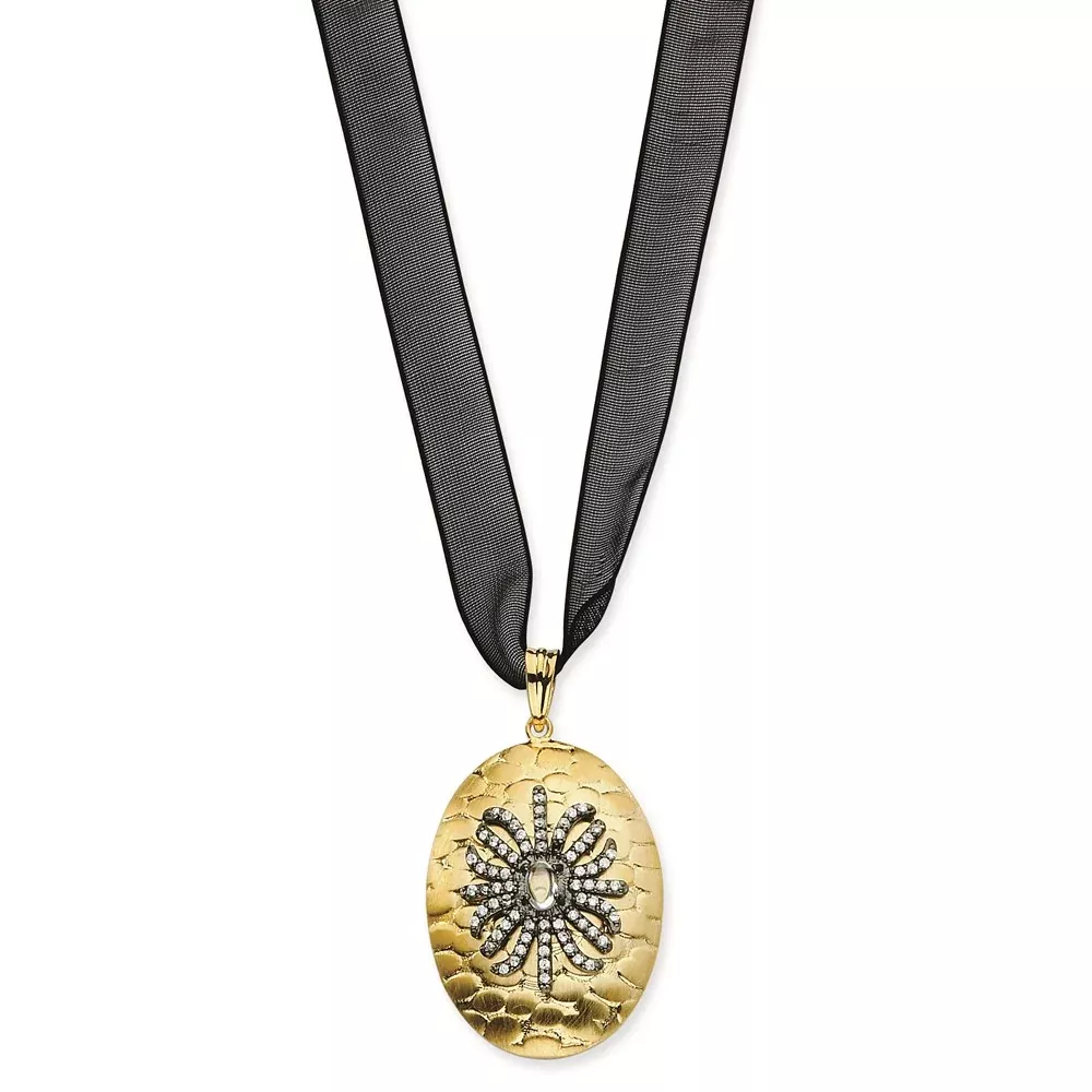 Sterling Silver Cz Gold Plate & Black Necklace