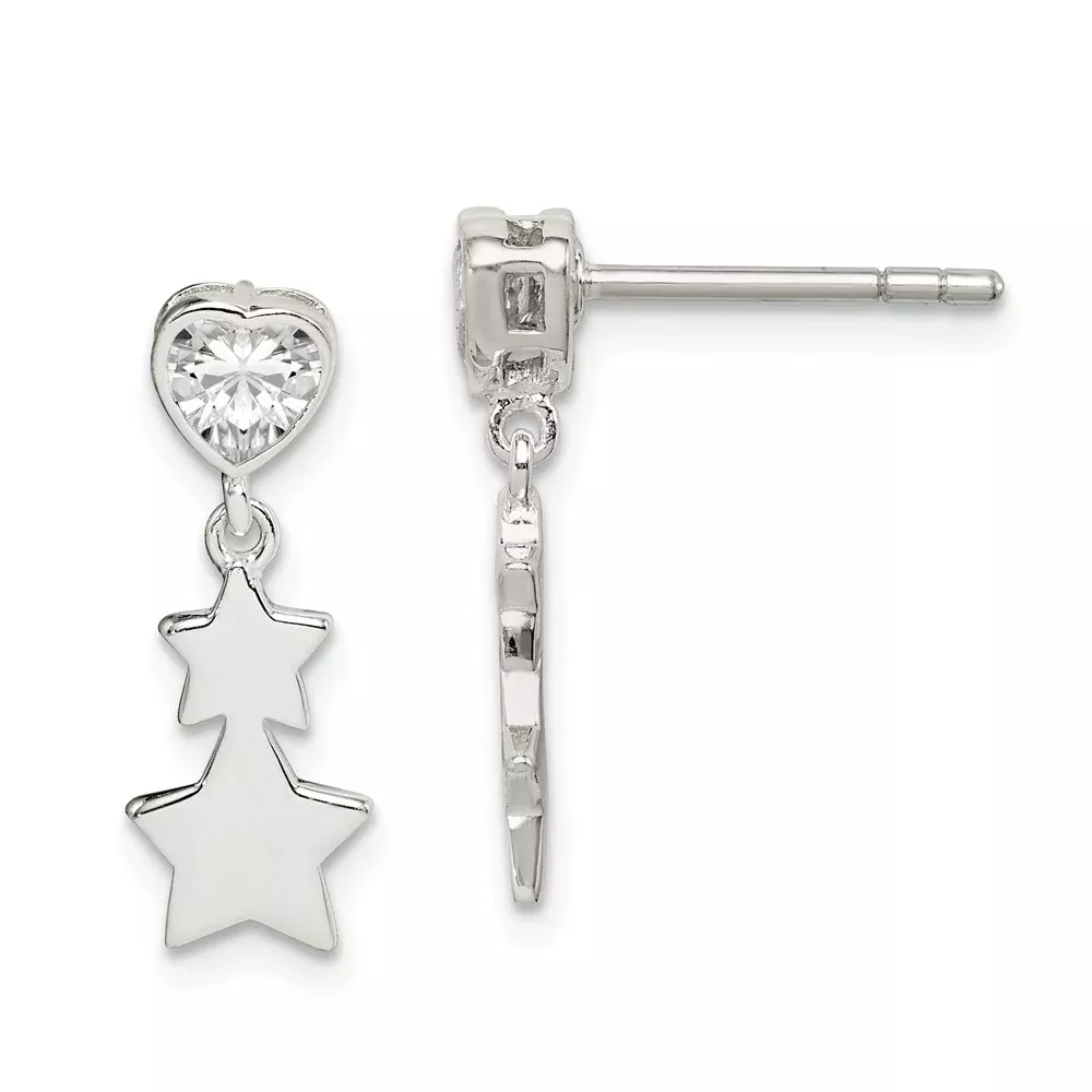 Sterling Silver Cz Heart And Stars Dangle Post Earrings