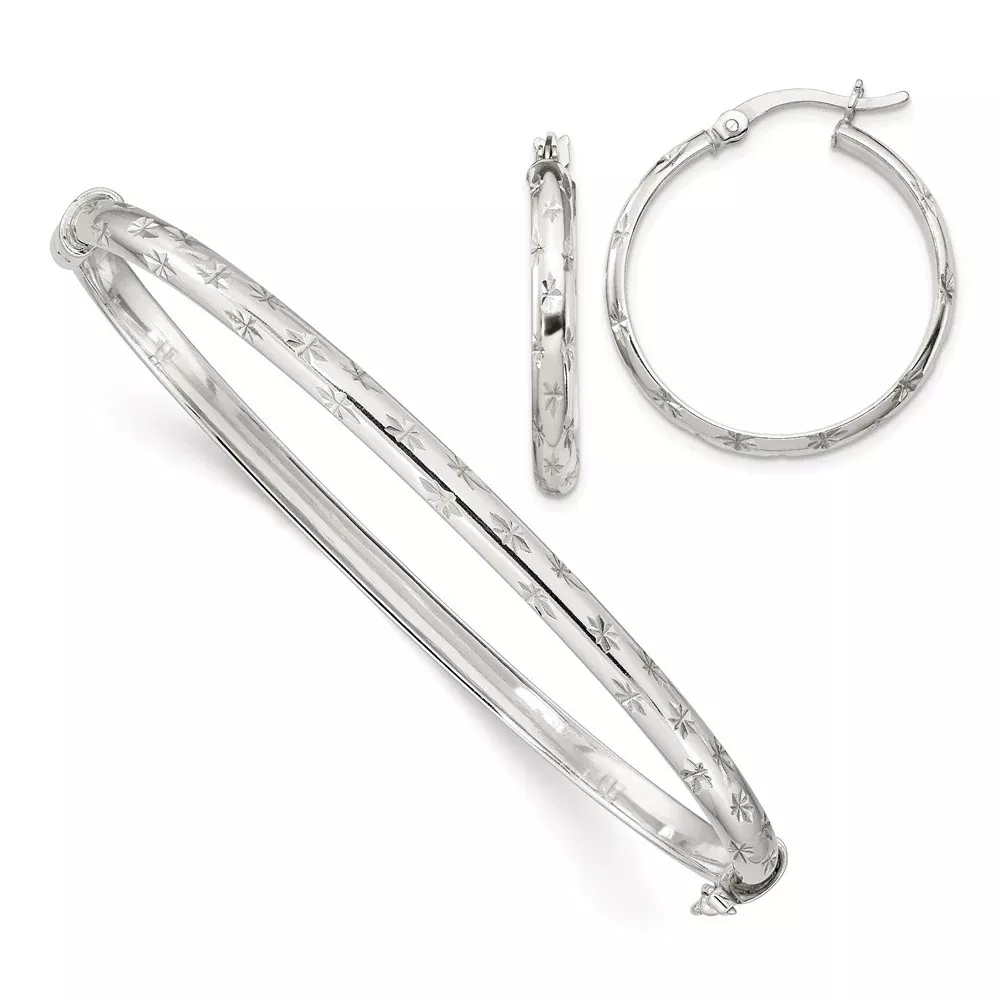 Sterling Silver D/C 4mm Bangle And 3mm Hoop Earring Set