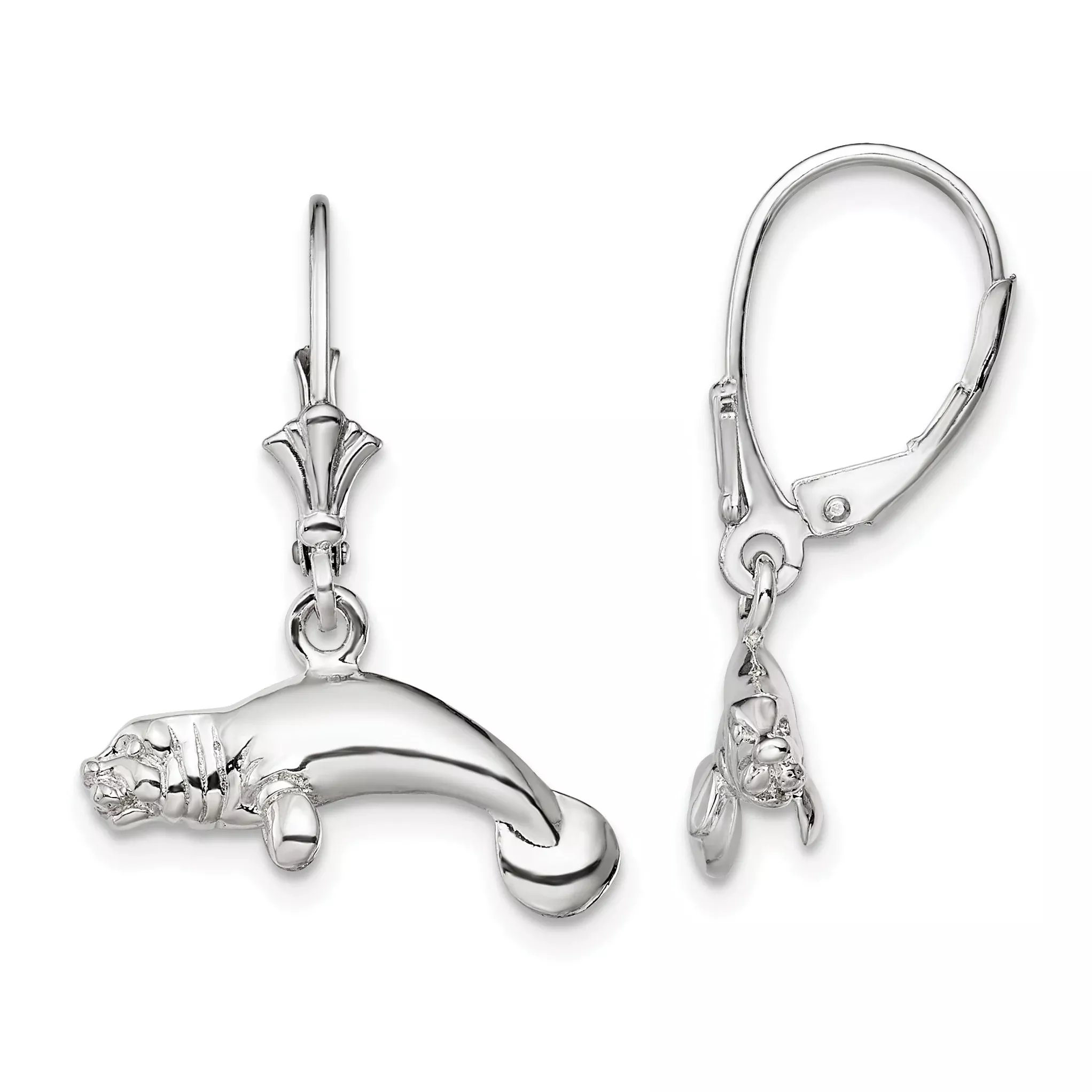 Sterling Silver De-Ani Rhodium-Plated Polished 3D Manatee Leverback Earrings