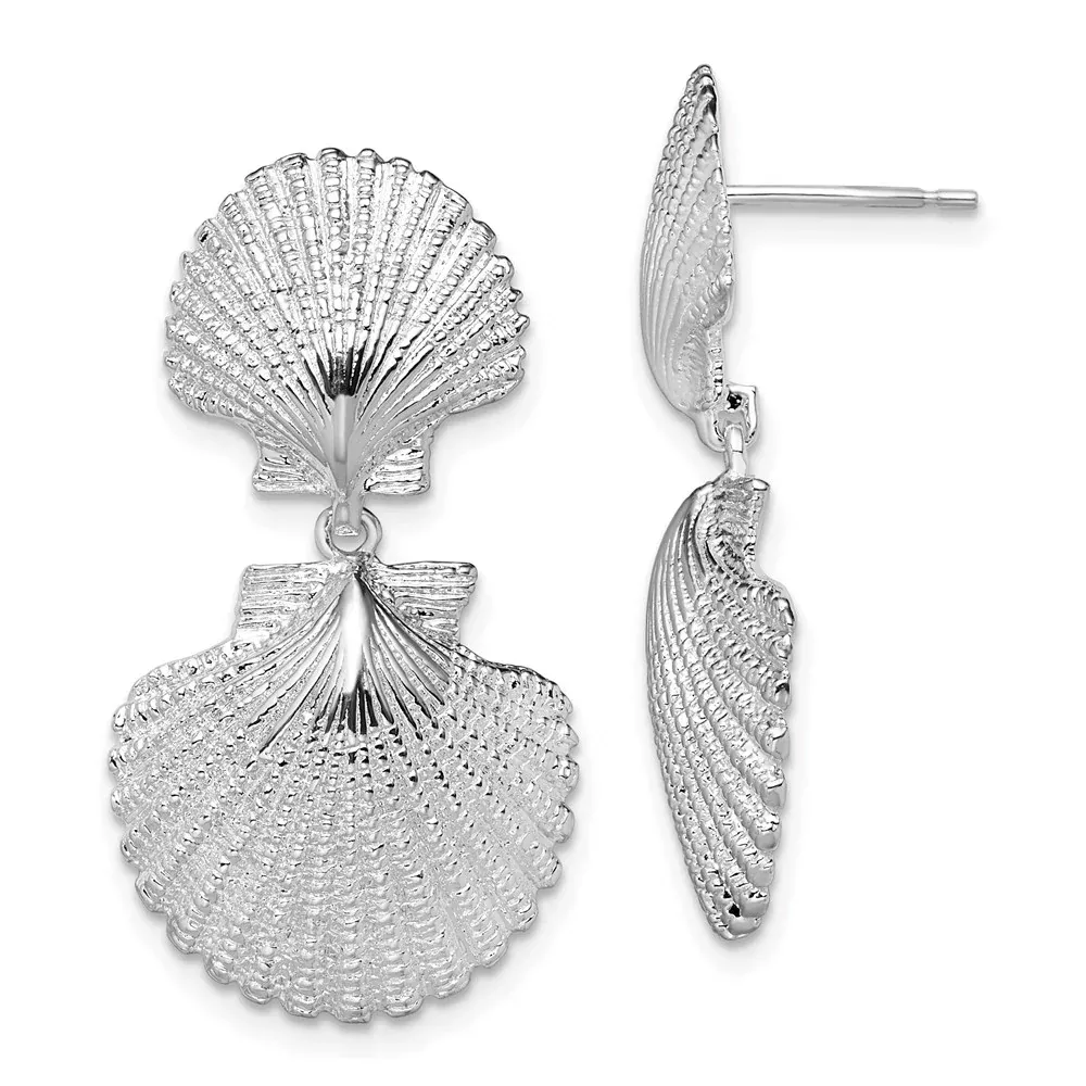 Sterling Silver De-Ani Rhodium-Plated Polished Double Shell Dangle Post Earrings