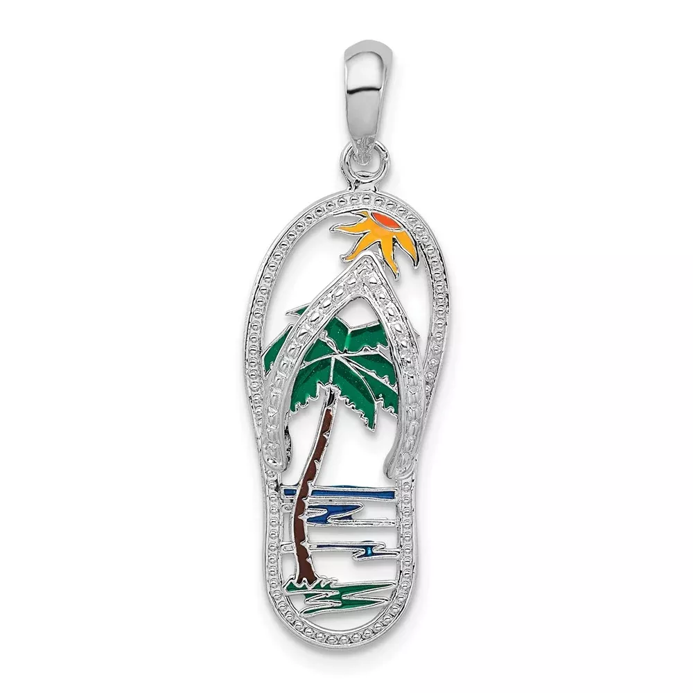 Sterling Silver De-Ani Rhodium-Plated Polished Enameled Palm Tree Flip-Flop Pendant