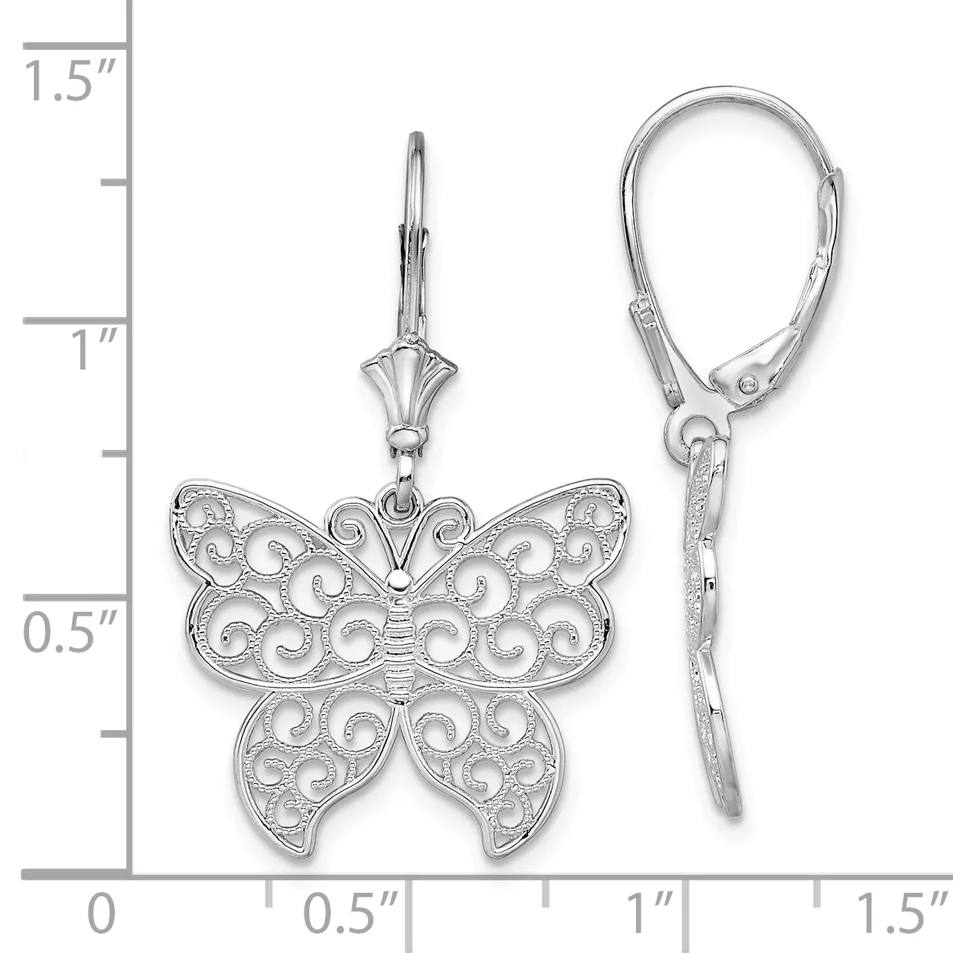 Sterling Silver De-Ani Rhodium-Plated Polished Filigree Butterfly Leverback Earrings