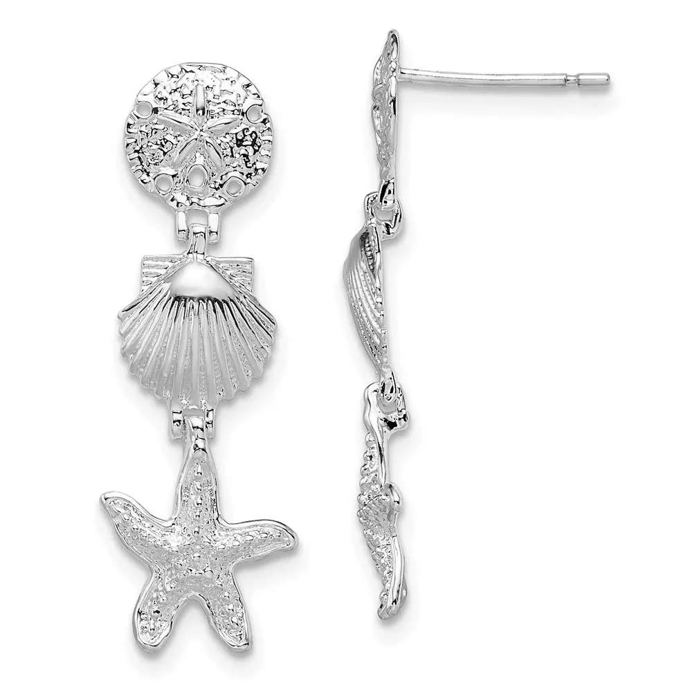 Sterling Silver De-Ani Rhodium-Plated Polished Sea Life Dangle Post Earrings