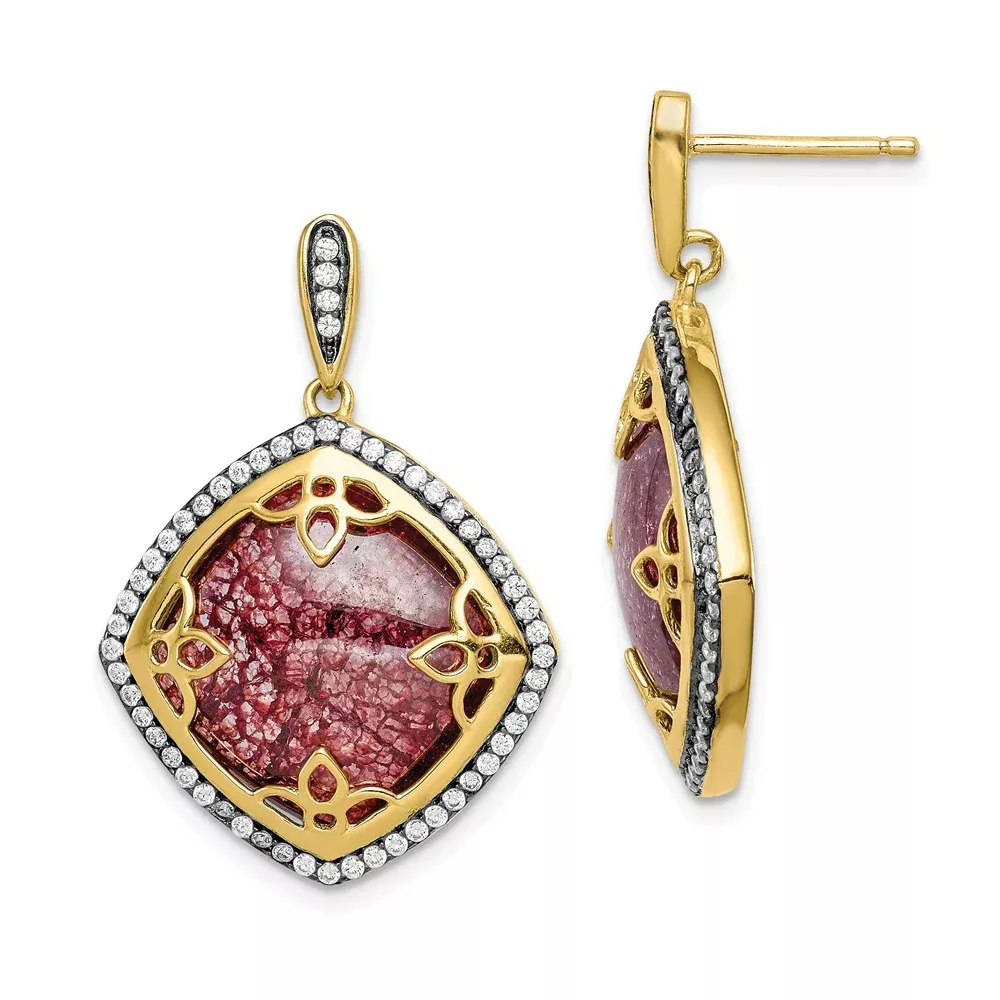 Sterling Silver Gold-Tone Cz And Cracked Red Dangle Post Earrings