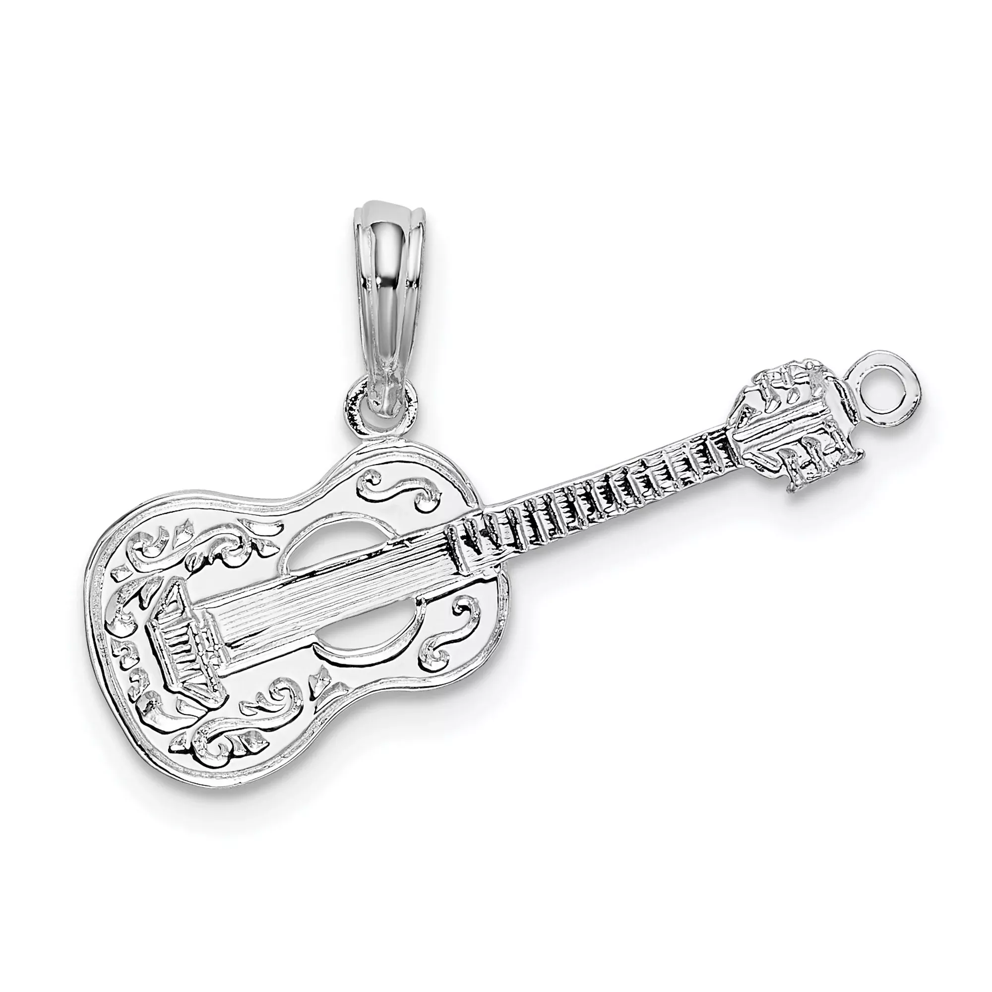 Sterling Silver Guitar Pendant with Scrollwork Design, Unisex Music Charm for Musicians