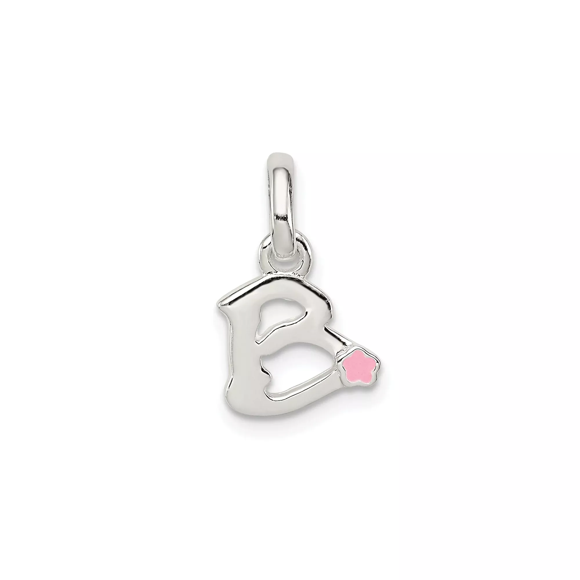 Sterling Silver Initial B Pendant Charm with Pink Enamel Flower Accent