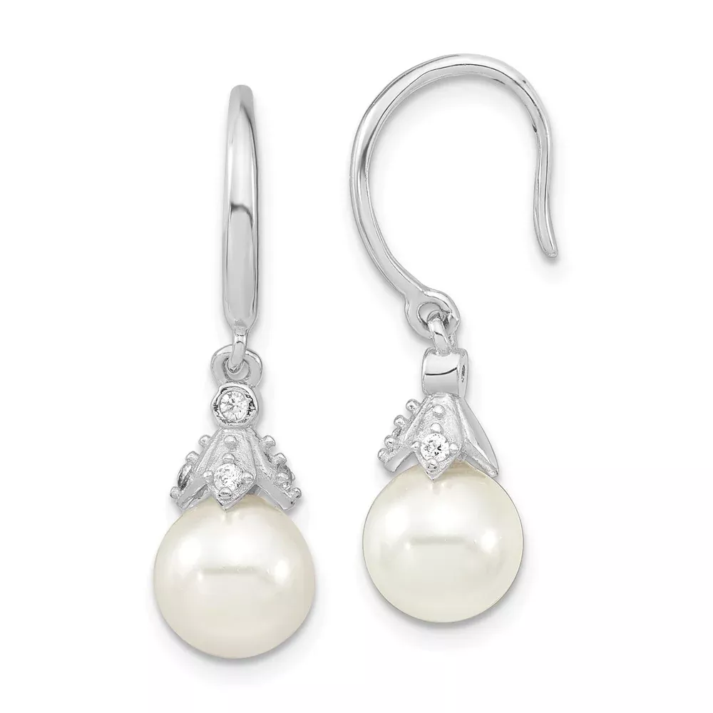 Sterling Silver Majestic Rhodium-Plated 8-9mm White Imitation Shell Pearl Cz Dangle Earrings