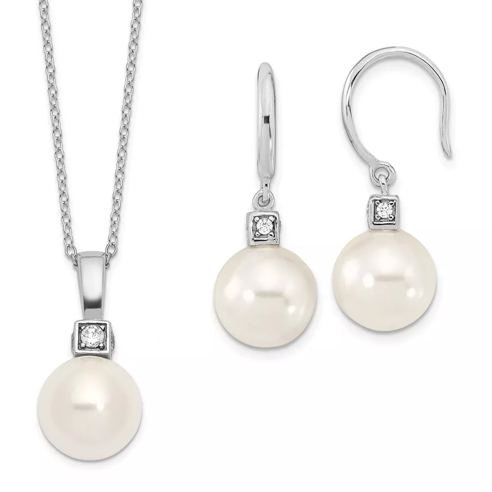 Sterling Silver Majestik Rhodium-Plated 10-11mm White Imitation Shell Pearl And Cz Earrings Spring Ring Clasp 17 Inch Necklace Set