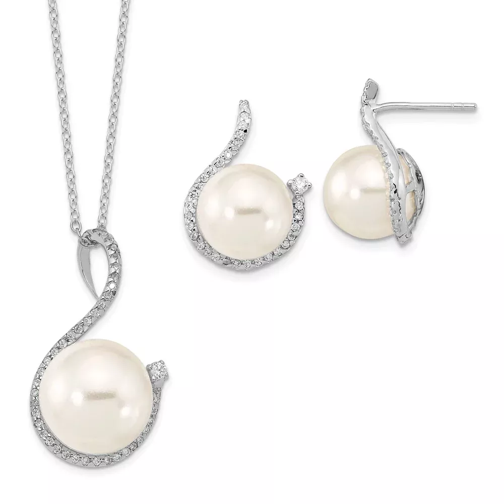 Sterling Silver Majestik Rhodium-Plated 10-12mm White Imitation Shell Pearl And Cz Earrings Spring Ring Clasp 17 Inch Necklace Set