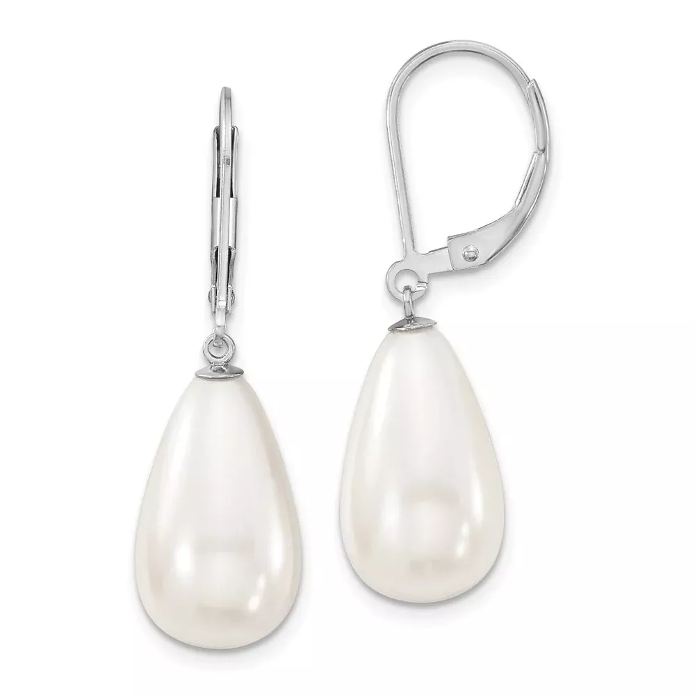 Sterling Silver Majestik Rhodium-Plated 10X18mm Teardrop White Imitation Shell Pearl Leverback Dangle Earrings