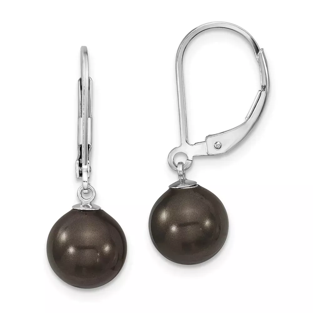 Sterling Silver Majestik Rhodium-Plated 8-9mm Black Imitation Shell Pearl Leverback Dangle Earrings