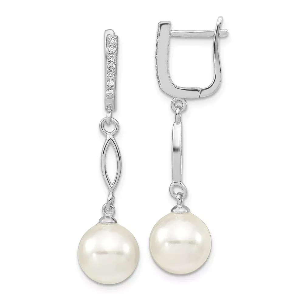 Sterling Silver Majestik Rhodium-Plated Cz Hinged Hoop With 10-11mm White Imitation Shell Pearl Dangle Post Earrings