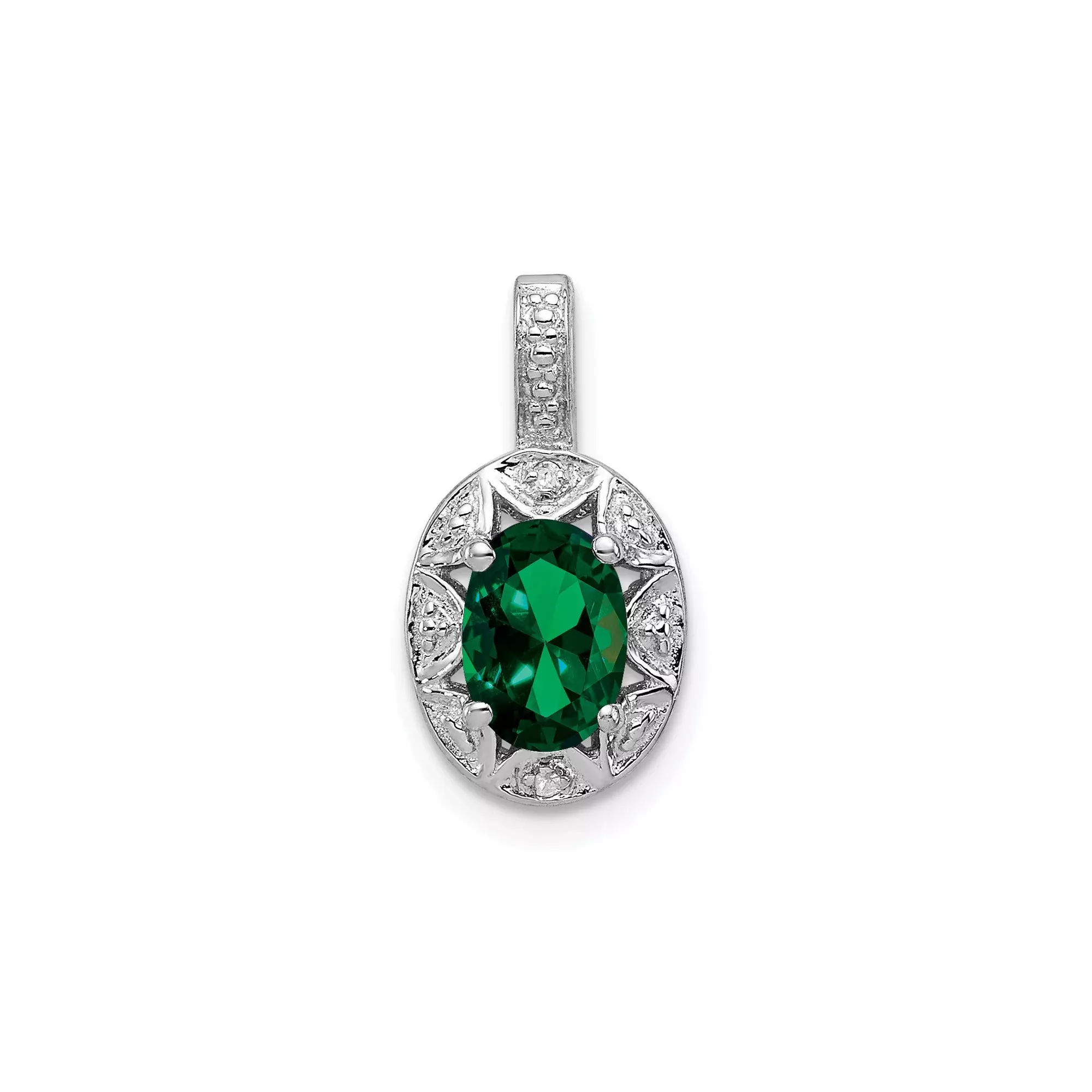 Sterling Silver Oval Pendant with Lab Created Emerald, Diamond Accents, Filigree Starburst Design
