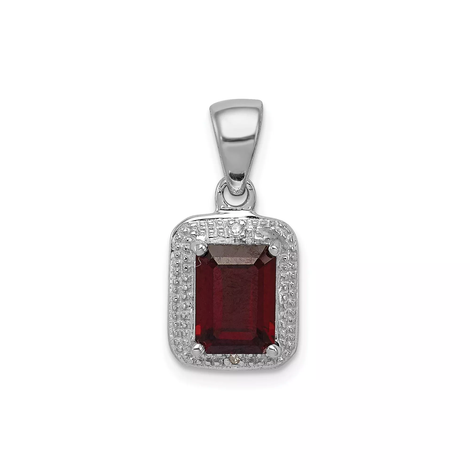 Sterling Silver Pendant with Emerald Cut Garnet and Diamond Halo Accents