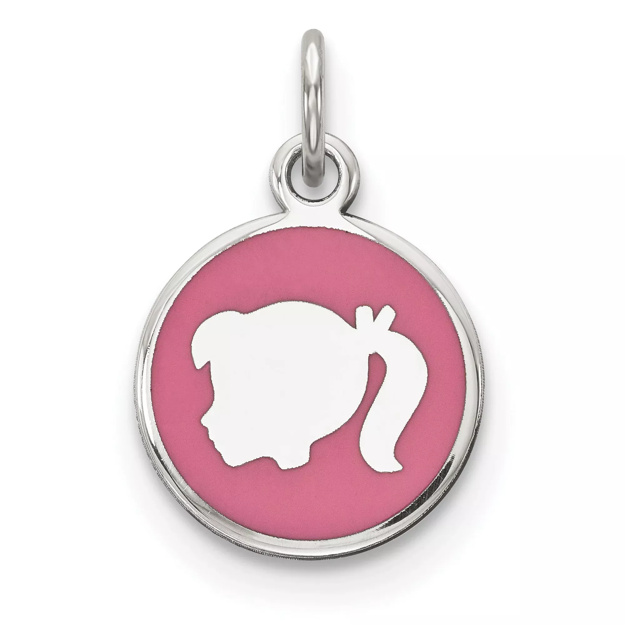 Sterling Silver Pendant with Girl Silhouette and Pink Enamel Background, Round Charm Design