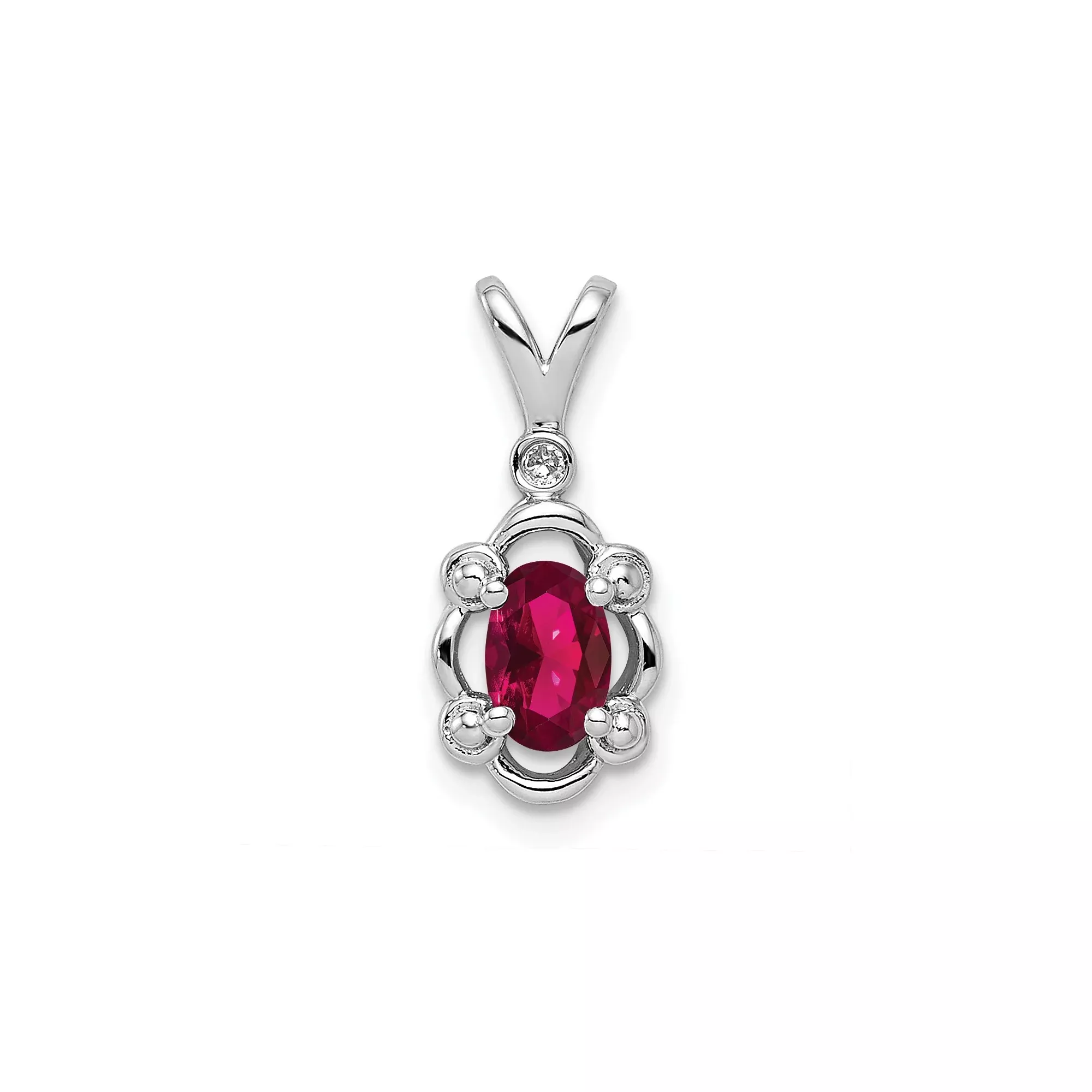 Sterling Silver Pendant with Oval Cut Lab Created Ruby and Diamond Accent, Scrollwork Design