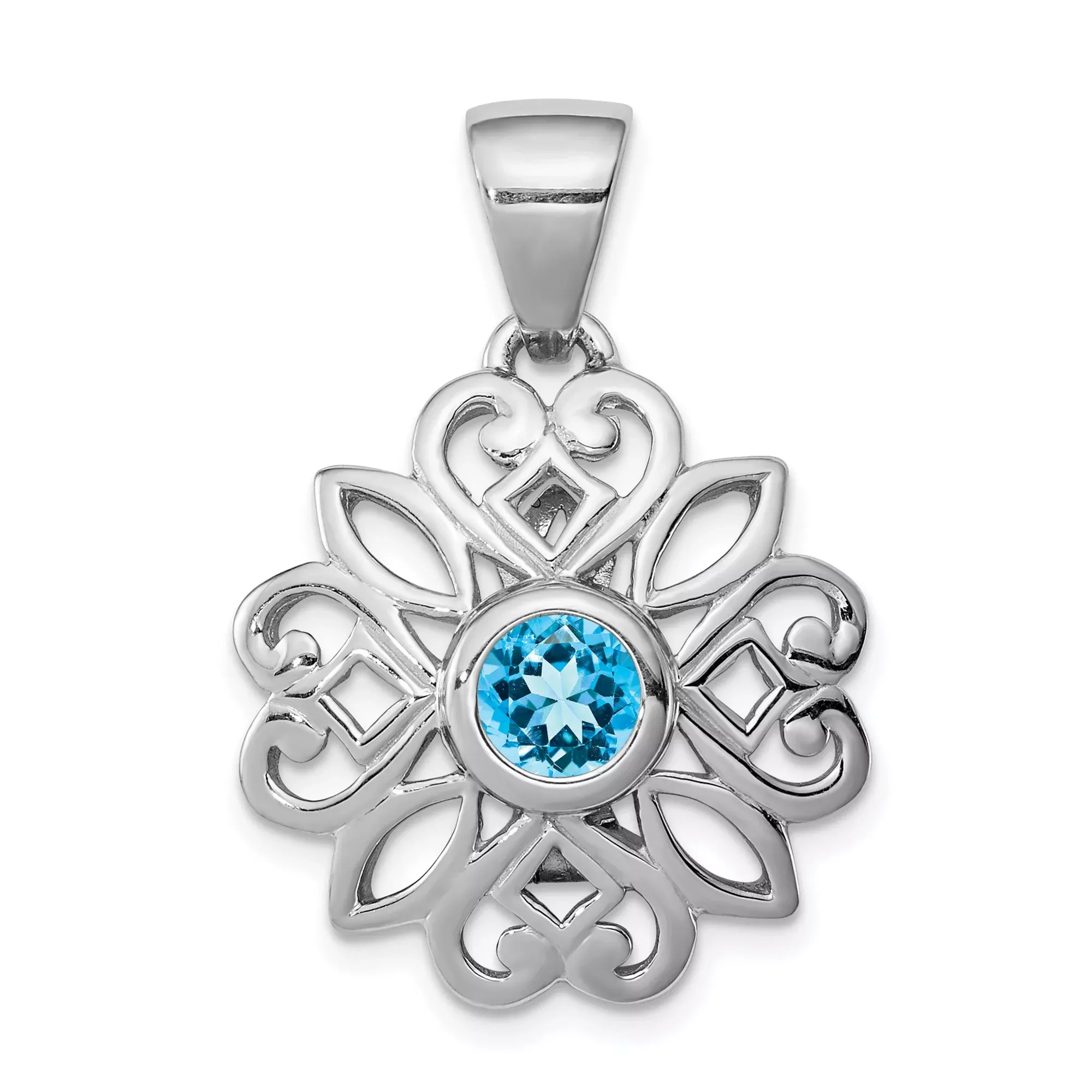 Sterling Silver Pendant with Swiss Blue Topaz, Mandala Floral Design, Celtic Knotwork