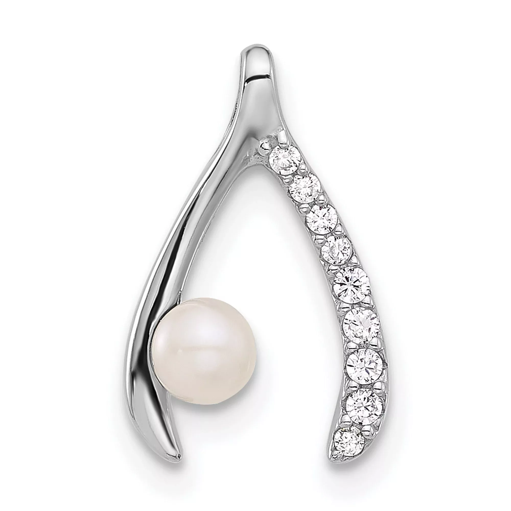 Sterling Silver Pendant with White Pearl and Cubic Zirconia, Wishbone Symbol of Hope and Luck