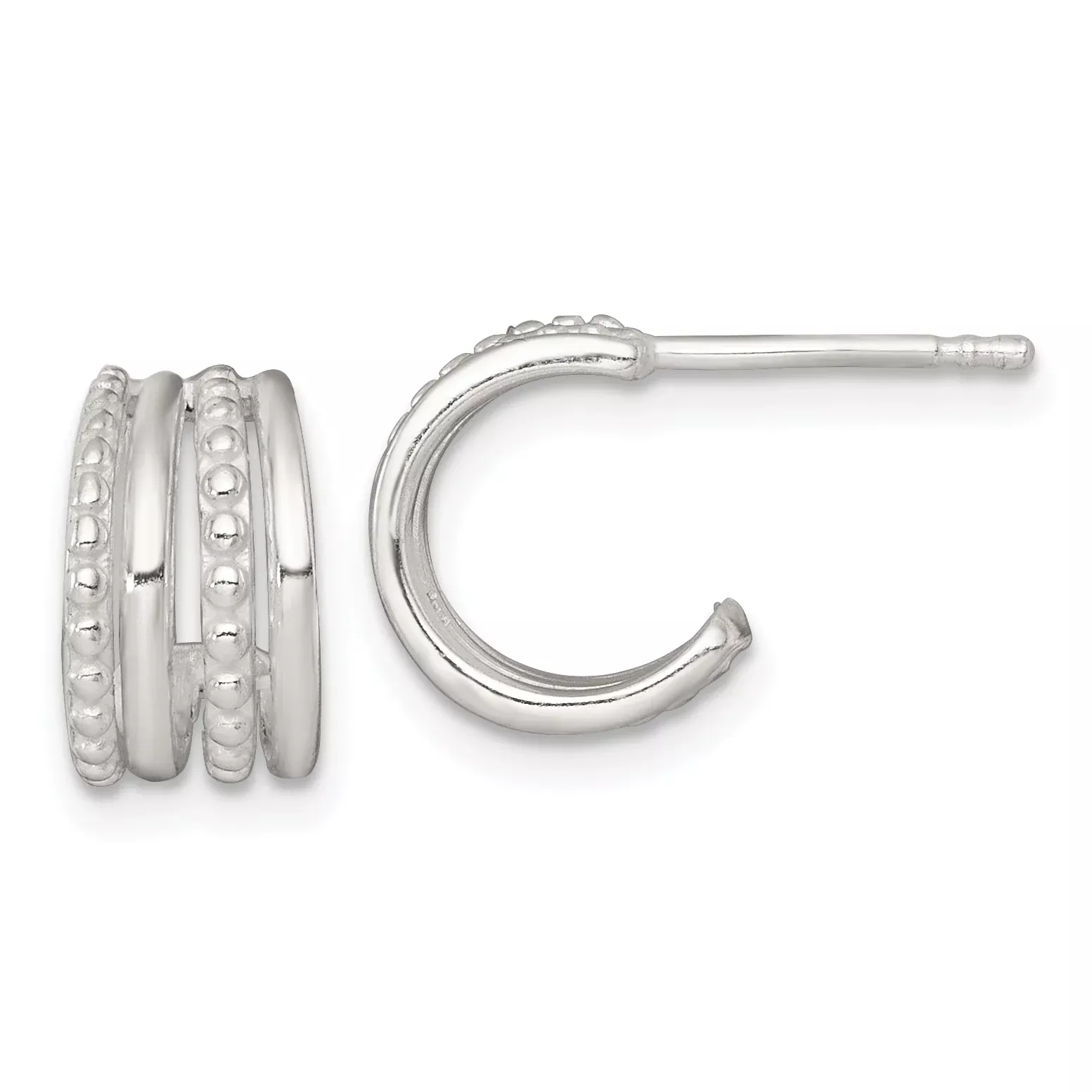 Sterling Silver Polished and Beaded 4-Row C-Hoop Post Earrings