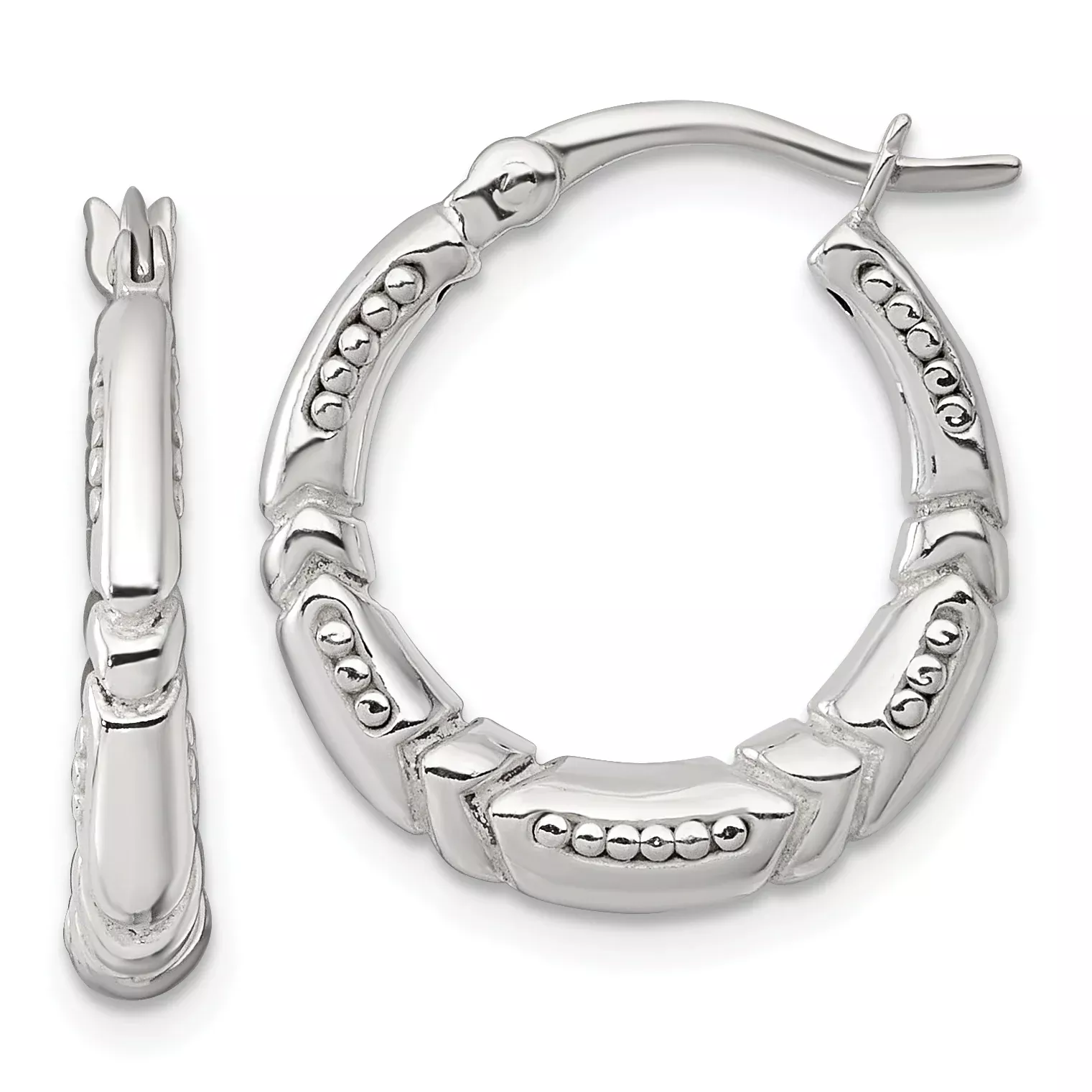 Sterling Silver Polished Beaded and Grooved Round Hollow Hoop Earrings