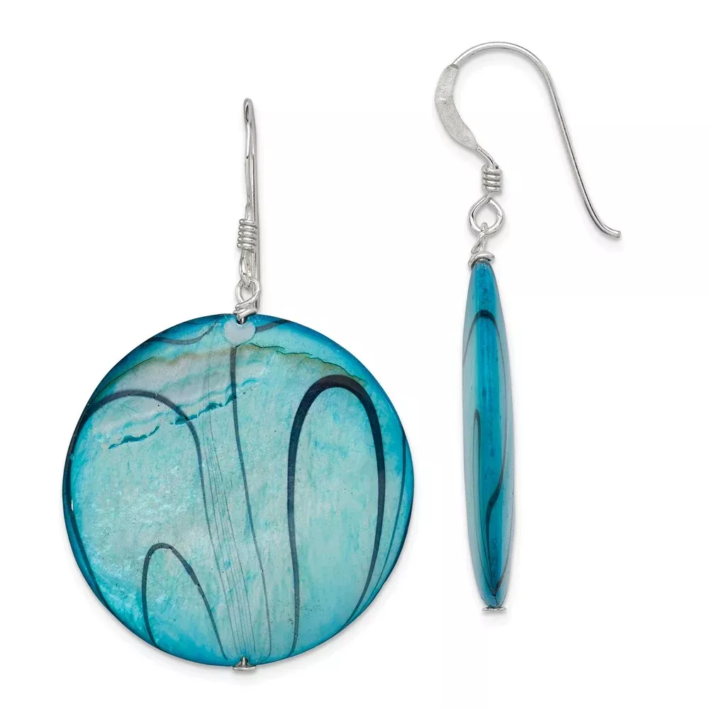 Sterling Silver Polished Blue Mother Of Pearl Circle Dangle Earrings
