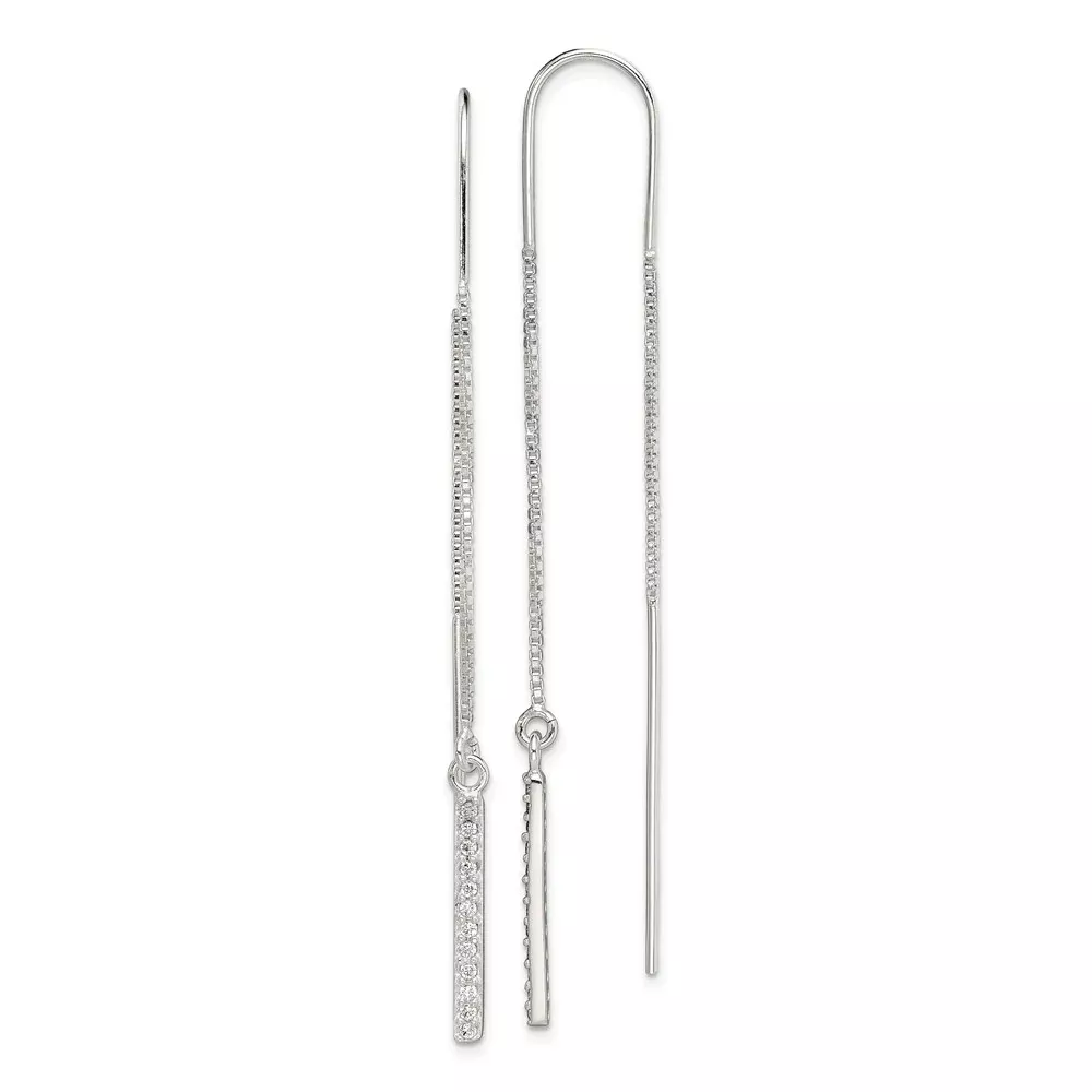 Sterling Silver Polished Cz Bar Threader Earrings
