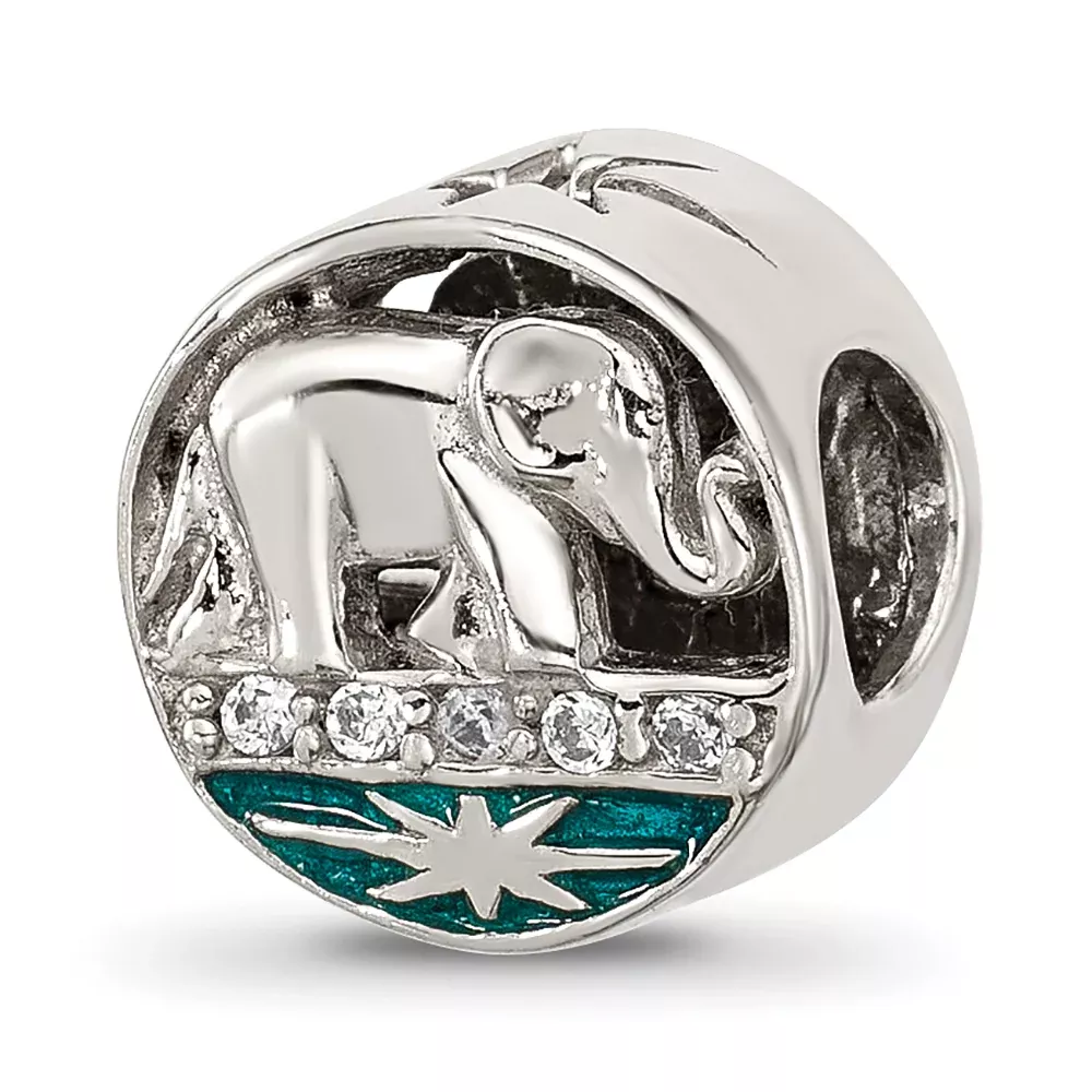 Sterling Silver Polished CZ Blue Enamel Elephant With Stars Bead
