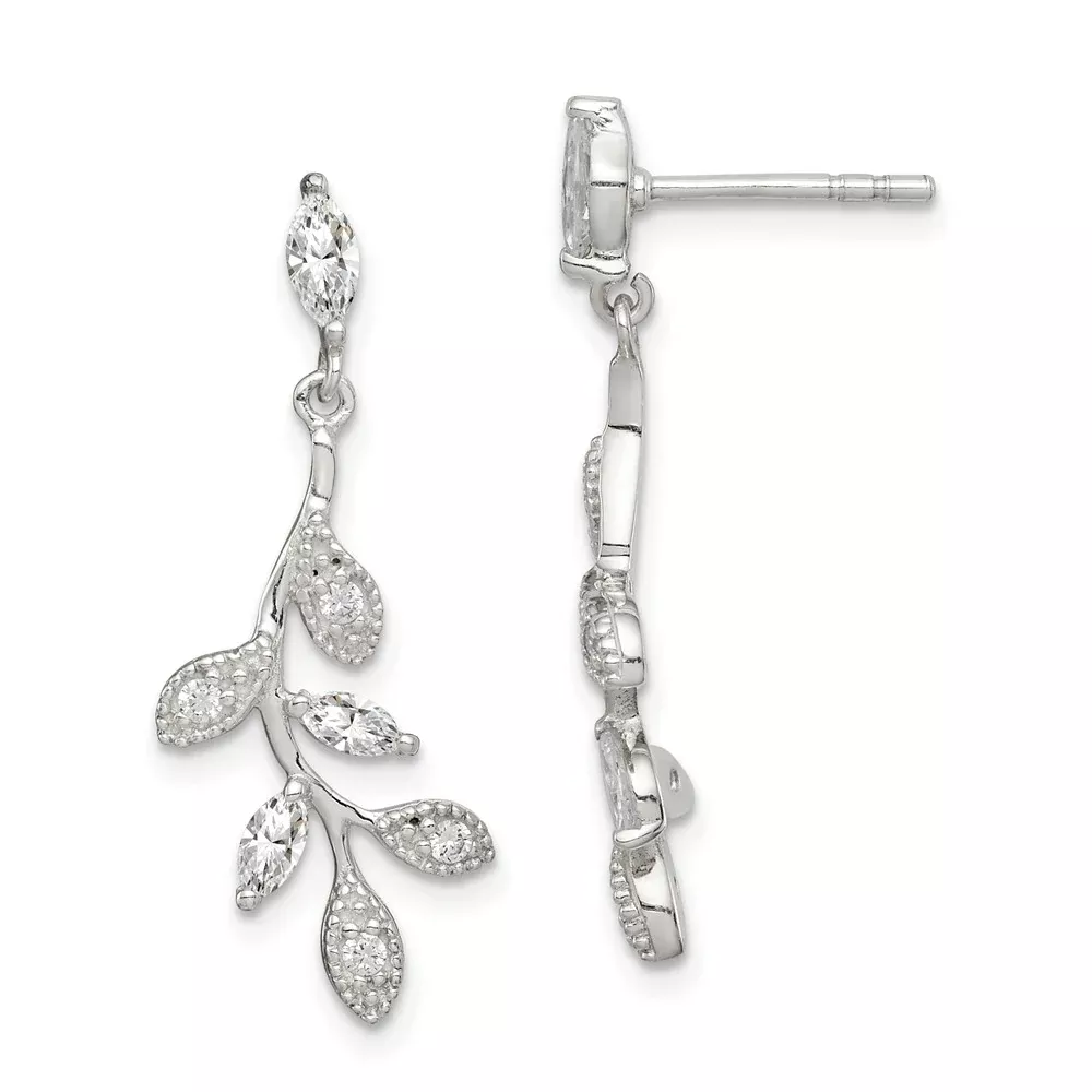 Sterling Silver Polished Cz Branch And Leaves Post Dangle Earrings