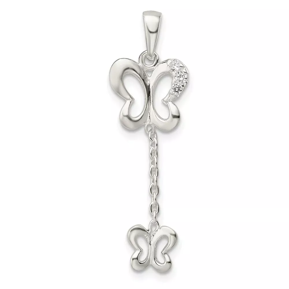 Sterling Silver Polished Cz Butterfly Dangle Pendant