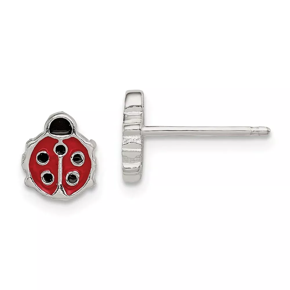 Sterling Silver Polished & Enameled Ladybug Children'S Post Earrings