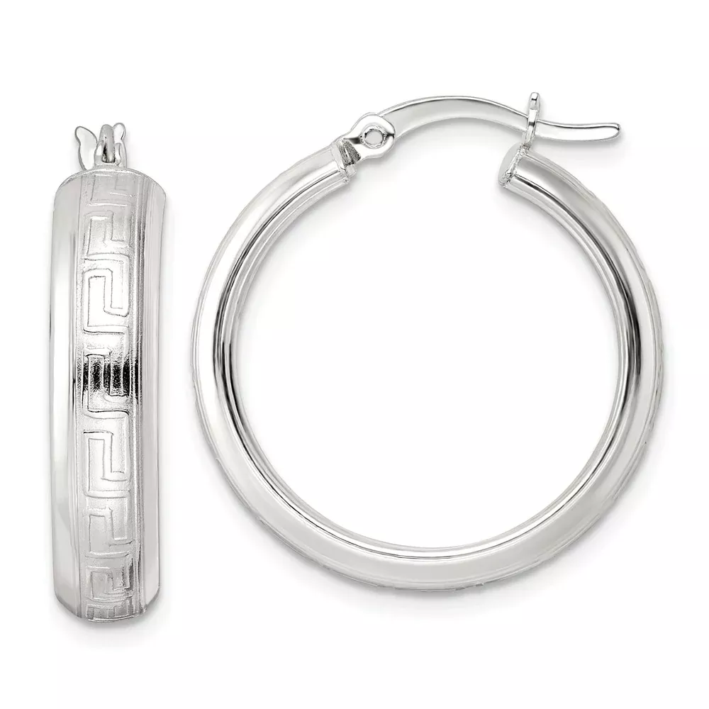 Sterling Silver Polished Greek Key Circle Hoop Earrings