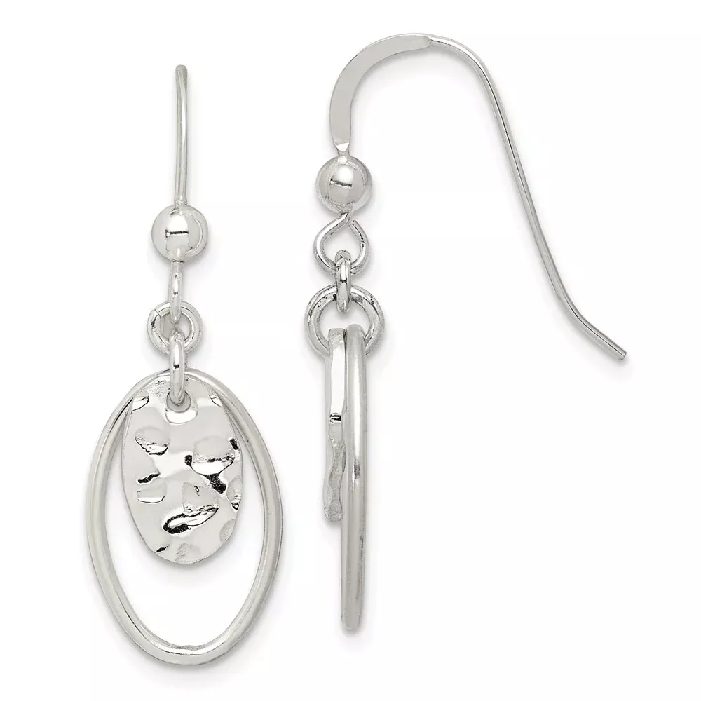 Sterling Silver Polished & Hammered Oval Dangle Earrings