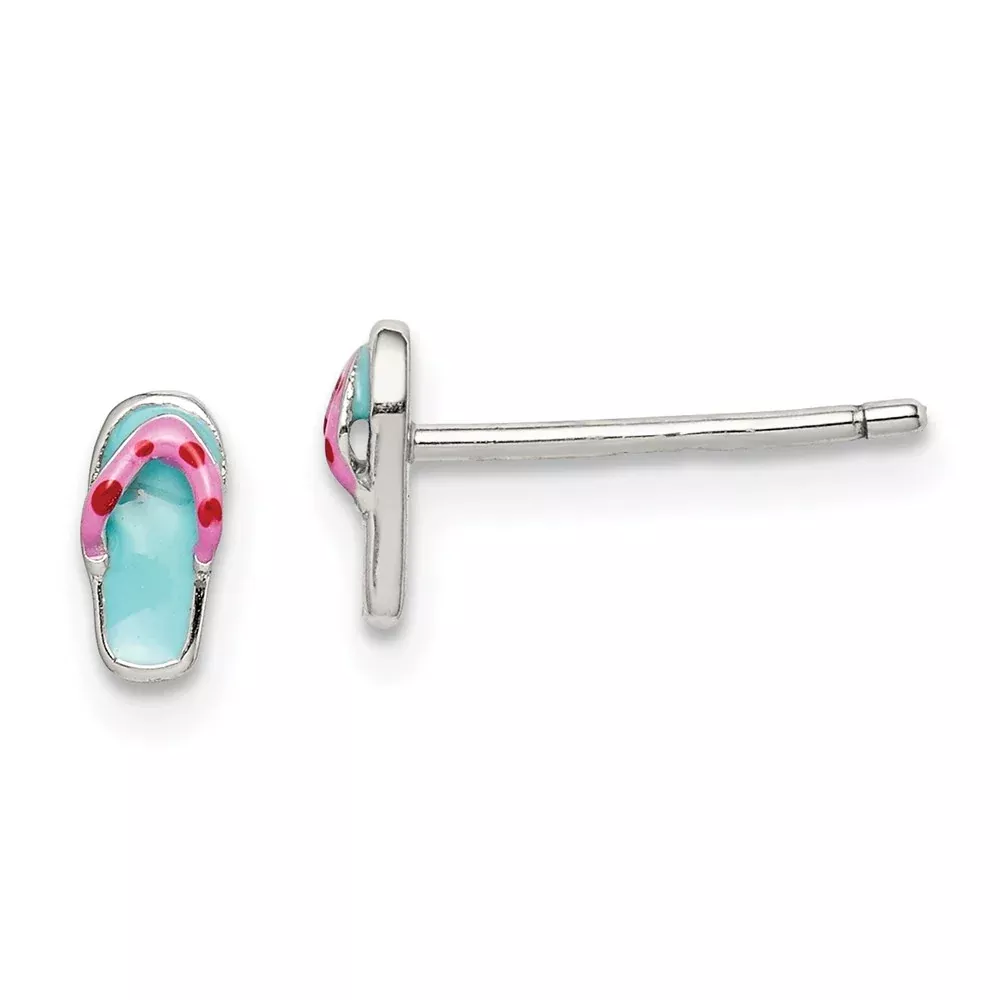 Sterling Silver Polished Teal & Pink Enameled Flip Flop Children'S Post Earrings