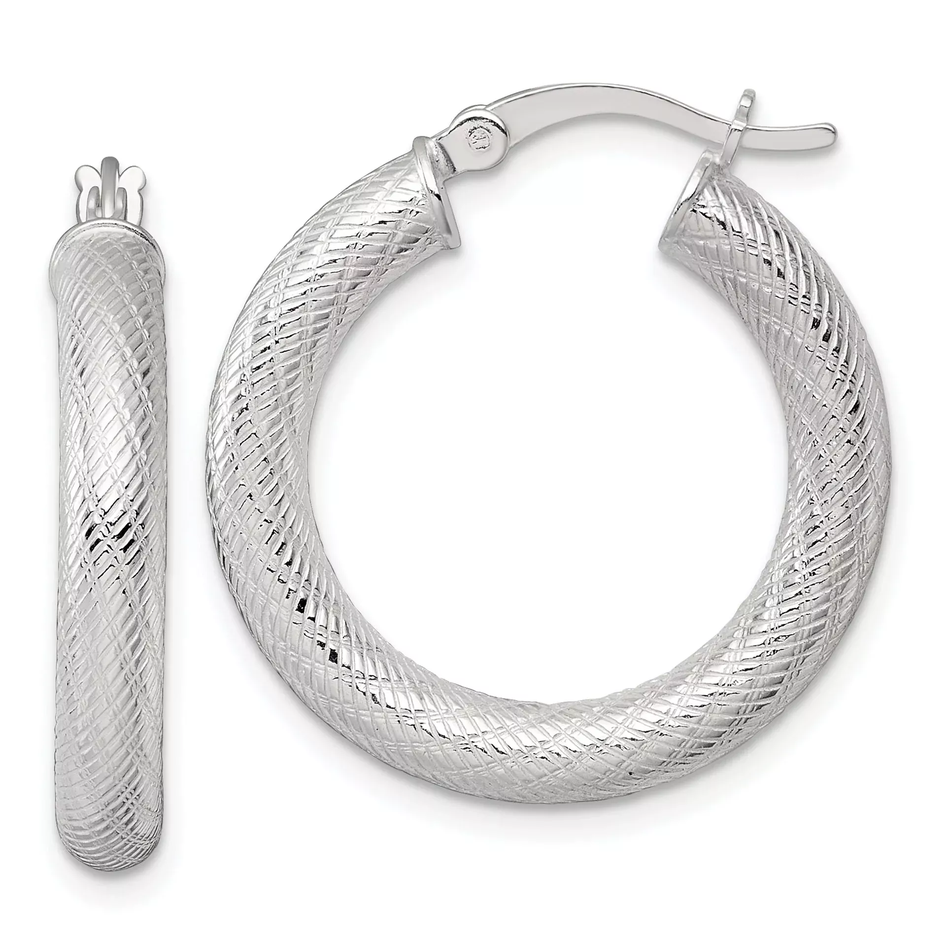 Sterling Silver Polished and Textured 25x4.0mm Round Hoop Earrings