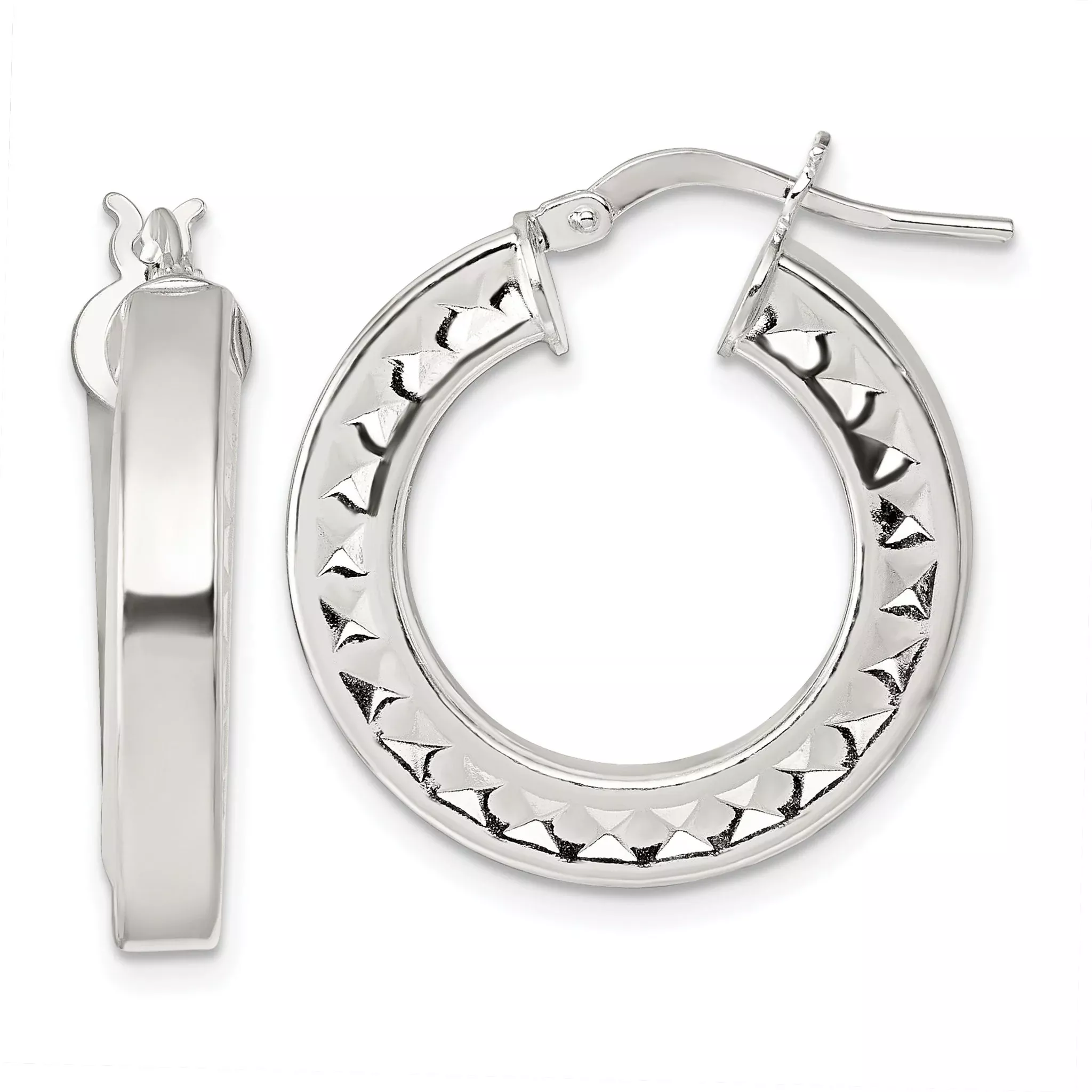 Sterling Silver Polished and Textured 4.00 x 23mm Hoop Earrings
